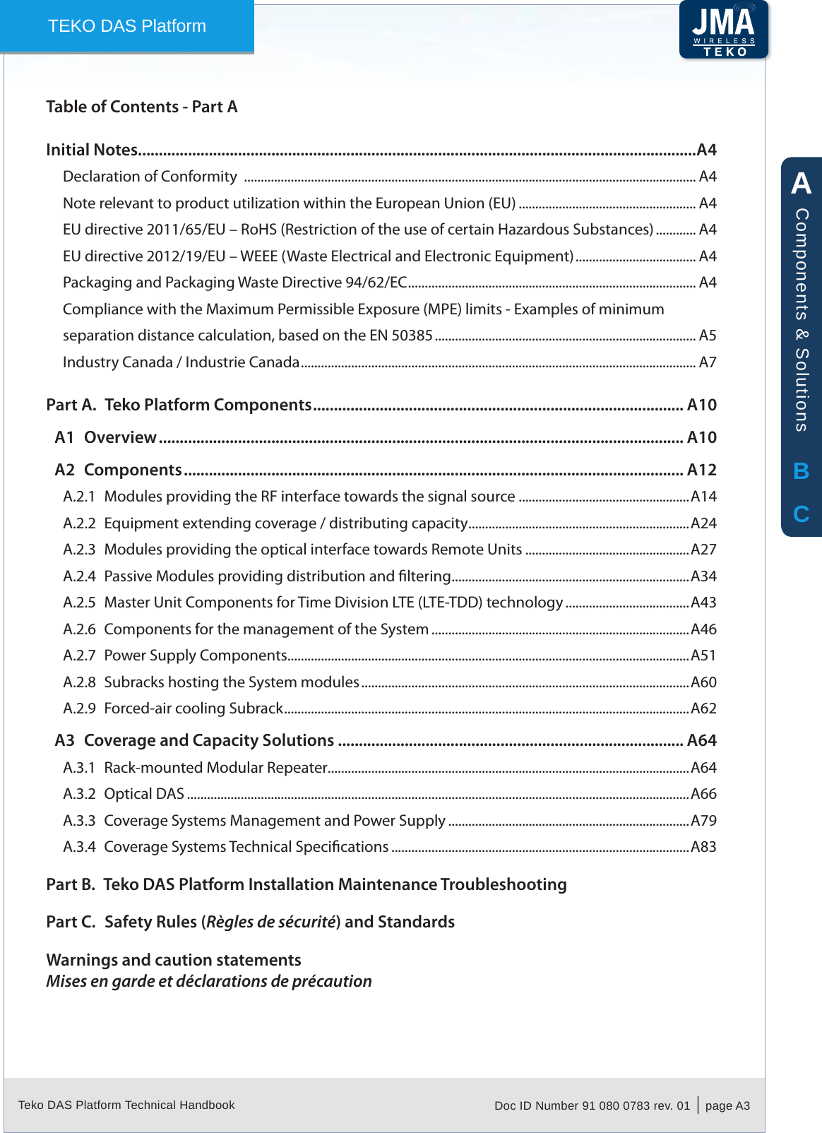 Teko DAS Platform Technical Handbook Doc ID Number 91 080 0783 rev. 01  |  page A3TEKO DAS PlatformTable of Contents - Part AInitial Notes......................................................................................................................................A4Declaration of Conformity  ....................................................................................................................................... A4Note relevant to product utilization within the European Union (EU) ..................................................... A4EU directive 2011/65/EU &ndash; RoHS (Restriction of the use of certain Hazardous Substances) ............ A4EU directive 2012/19/EU &ndash; WEEE (Waste Electrical and Electronic Equipment) .................................... A4Packaging and Packaging Waste Directive 94/62/EC ...................................................................................... A4Compliance with the Maximum Permissible Exposure (MPE) limits - Examples of minimum separation distance calculation, based on the EN 50385 .............................................................................. A5Industry Canada / Industrie Canada ...................................................................................................................... A7Part A.  Teko Platform Components ......................................................................................... A10A1  Overview .............................................................................................................................. A10A2  Components ........................................................................................................................ A12A.2.1  Modules providing the RF interface towards the signal source ...................................................A14A.2.2  Equipment extending coverage / distributing capacity ..................................................................A24A.2.3  Modules providing the optical interface towards Remote Units .................................................A27A.2.4  Passive Modules providing distribution and ltering .......................................................................A34A.2.5  Master Unit Components for Time Division LTE (LTE-TDD) technology .....................................A43A.2.6  Components for the management of the System .............................................................................A46A.2.7  Power Supply Components ........................................................................................................................A51A.2.8  Subracks hosting the System modules ..................................................................................................A60A.2.9  Forced-air cooling Subrack .........................................................................................................................A62A3  Coverage and Capacity Solutions ................................................................................... A64A.3.1  Rack-mounted Modular Repeater............................................................................................................A64A.3.2  Optical DAS ......................................................................................................................................................A66A.3.3  Coverage Systems Management and Power Supply ........................................................................A79A.3.4  Coverage Systems Technical Specications .........................................................................................A83Part B.  Teko DAS Platform Installation Maintenance TroubleshootingPart C.  Safety Rules (R&egrave;gles de s&eacute;curit&eacute;) and StandardsWarnings and caution statementsMises en garde et d&eacute;clarations de pr&eacute;cautionABCComponents &amp; Solutions