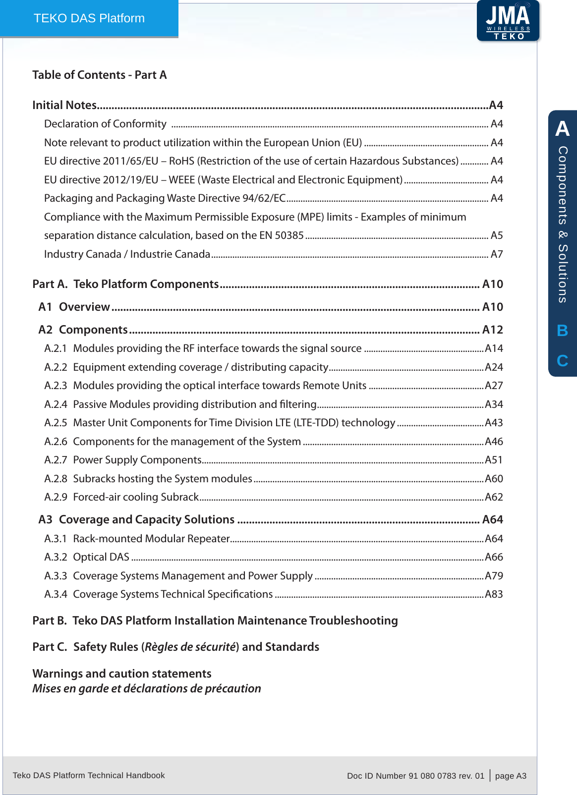 Teko DAS Platform Technical Handbook Doc ID Number 91 080 0783 rev. 01  |  page A3TEKO DAS PlatformTable of Contents - Part AInitial Notes......................................................................................................................................A4Declaration of Conformity  ....................................................................................................................................... A4Note relevant to product utilization within the European Union (EU) ..................................................... A4EU directive 2011/65/EU – RoHS (Restriction of the use of certain Hazardous Substances) ............ A4EU directive 2012/19/EU – WEEE (Waste Electrical and Electronic Equipment) .................................... A4Packaging and Packaging Waste Directive 94/62/EC ...................................................................................... A4Compliance with the Maximum Permissible Exposure (MPE) limits - Examples of minimum separation distance calculation, based on the EN 50385 .............................................................................. A5Industry Canada / Industrie Canada ...................................................................................................................... A7Part A.  Teko Platform Components ......................................................................................... A10A1  Overview .............................................................................................................................. A10A2  Components ........................................................................................................................ A12A.2.1  Modules providing the RF interface towards the signal source ...................................................A14A.2.2  Equipment extending coverage / distributing capacity ..................................................................A24A.2.3  Modules providing the optical interface towards Remote Units .................................................A27A.2.4  Passive Modules providing distribution and ltering .......................................................................A34A.2.5  Master Unit Components for Time Division LTE (LTE-TDD) technology .....................................A43A.2.6  Components for the management of the System .............................................................................A46A.2.7  Power Supply Components ........................................................................................................................A51A.2.8  Subracks hosting the System modules ..................................................................................................A60A.2.9  Forced-air cooling Subrack .........................................................................................................................A62A3  Coverage and Capacity Solutions ................................................................................... A64A.3.1  Rack-mounted Modular Repeater............................................................................................................A64A.3.2  Optical DAS ......................................................................................................................................................A66A.3.3  Coverage Systems Management and Power Supply ........................................................................A79A.3.4  Coverage Systems Technical Specications .........................................................................................A83Part B.  Teko DAS Platform Installation Maintenance TroubleshootingPart C.  Safety Rules (Règles de sécurité) and StandardsWarnings and caution statementsMises en garde et déclarations de précautionABCComponents &amp; Solutions