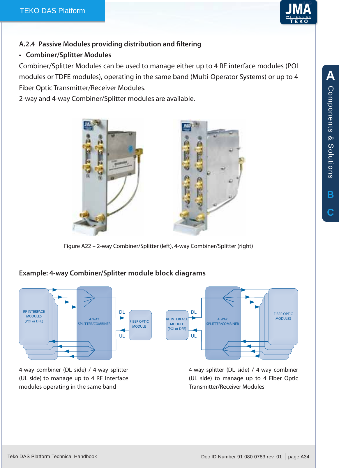 Teko DAS Platform Technical Handbook Doc ID Number 91 080 0783 rev. 01  |  page A34TEKO DAS PlatformPassive Modules providing distribution and lteringA.2.4 Combiner/Splitter Modules&bull;Combiner/Splitter Modules can be used to manage either up to 4 RF interface modules (POI modules or TDFE modules), operating in the same band (Multi-Operator Systems) or up to 4 Fiber Optic Transmitter/Receiver Modules.2-way and 4-way Combiner/Splitter modules are available.2-way Combiner/Splitter (left), 4-way Combiner/Splitter (right)Figure A22 &ndash; Example: 4-way Combiner/Splitter module block diagrams4-way  combiner  (DL  side)  /  4-way  splitter (UL side) to  manage  up  to 4 RF  interface modules operating in the same band4-way  splitter  (DL  side)  /  4-way  combiner (UL  side)  to  manage  up  to  4  Fiber  Optic Transmitter/Receiver ModulesRF INTERFACEMODULES(POI or DFE)FIBER OPTICMODULES4WAYSPLITTER/COMBINER4WAYSPLITTER/COMBINERDLULDLULRF INTERFACEMODULE(POI or DFE)FIBER OPTICMODULEABCComponents &amp; Solutions