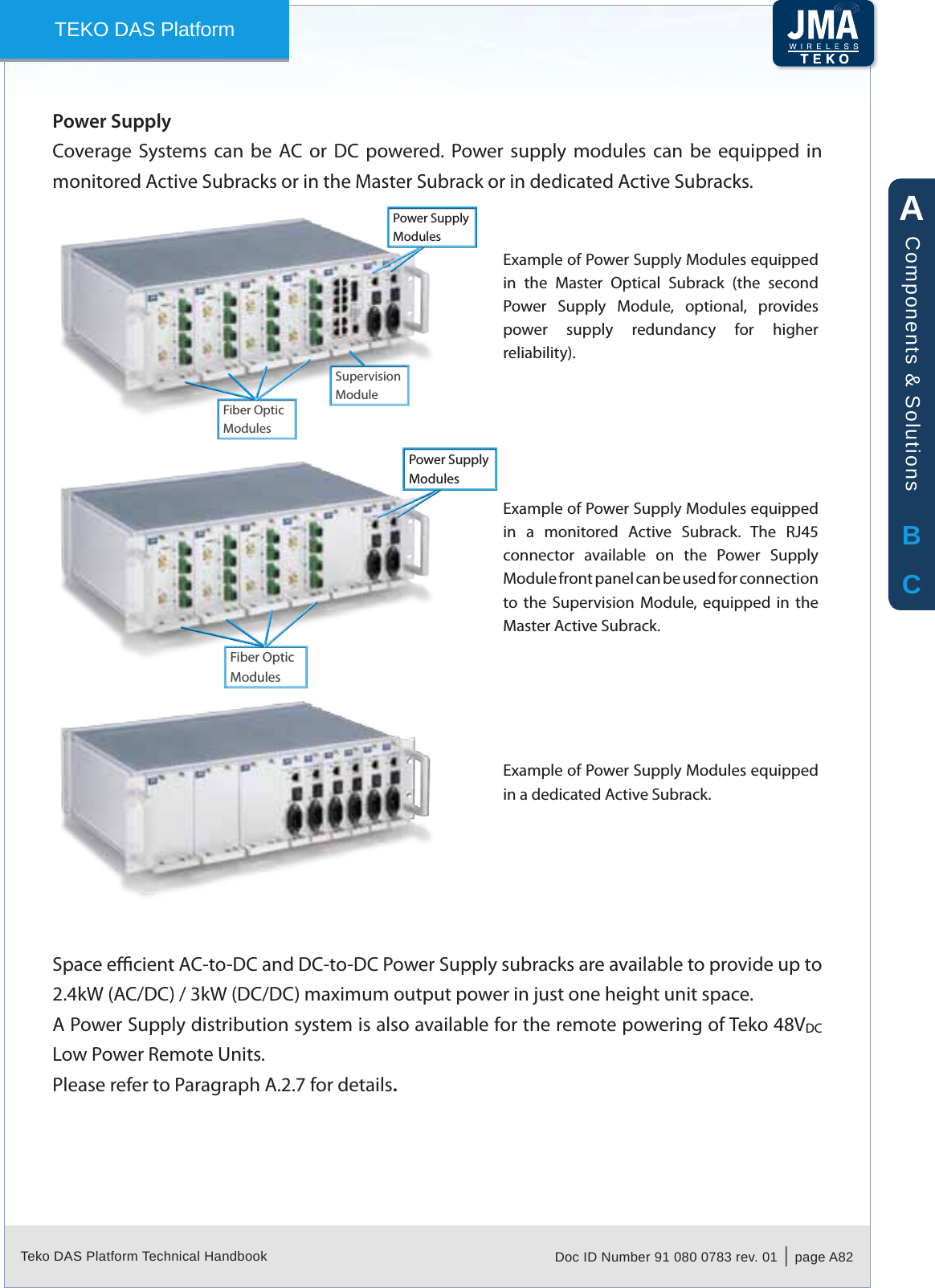 Teko DAS Platform Technical Handbook Doc ID Number 91 080 0783 rev. 01  |  page A82TEKO DAS PlatformPower SupplyCoverage  Systems can  be  AC  or  DC  powered.  Power  supply  modules  can  be  equipped  in monitored Active Subracks or in the Master Subrack or in dedicated Active Subracks.Example of Power Supply Modules equipped in  the  Master  Optical  Subrack  (the  second Power  Supply  Module,  optional,  provides power  supply  redundancy  for  higher reliability).Power Supply ModulesFiber OpticModulesSupervisionModulePower Supply ModulesFiber OpticModulesExample of Power Supply Modules equipped in  a  monitored  Active  Subrack.  The  RJ45 connector  available  on  the  Power  Supply Module front panel can be used for connection to  the  Supervision  Module,  equipped  in  the Master Active Subrack.Example of Power Supply Modules equipped in a dedicated Active Subrack.Space ecient AC-to-DC and DC-to-DC Power Supply subracks are available to provide up to 2.4kW (AC/DC) / 3kW (DC/DC) maximum output power in just one height unit space.A Power Supply distribution system is also available for the remote powering of Teko 48VDC Low Power Remote Units.Please refer to Paragraph A.2.7 for details.ABCComponents &amp; Solutions
