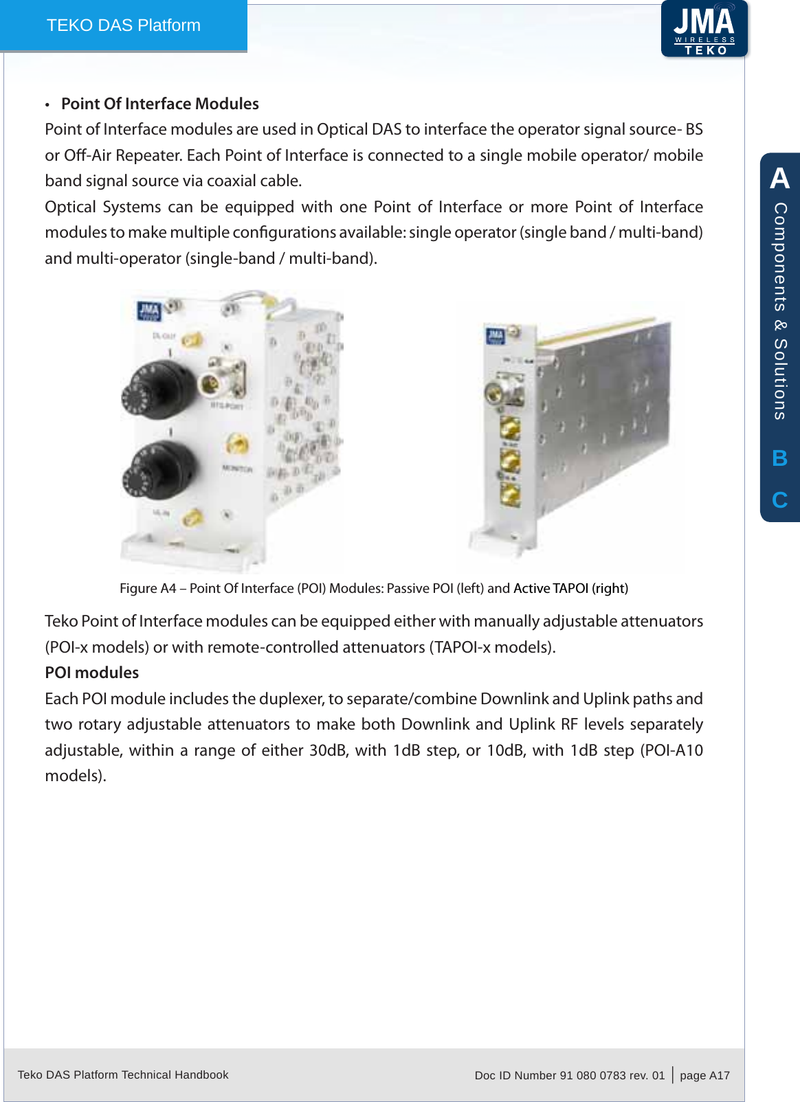 Teko DAS Platform Technical Handbook Doc ID Number 91 080 0783 rev. 01  |  page A17TEKO DAS PlatformPoint Of Interface Modules&bull;PointofInterfacemodulesareusedinOpticalDAStointerfacetheoperatorsignalsource-BSorO-AirRepeater.EachPointofInterfaceisconnectedtoasinglemobileoperator/mobilebandsignalsourceviacoaxialcable.Optical Systems can be equipped with one Point of Interface or more Point of Interfacemodulestomakemultiplecongurationsavailable:singleoperator(singleband/multi-band)andmulti-operator(single-band/multi-band).PointOfInterfaceFigureA4&ndash; (POI)Modules:PassivePOI(left)andActiveTAPOI(right)TekoPointofInterfacemodulescanbeequippedeitherwithmanuallyadjustableattenuators(POI-xmodels)orwithremote-controlledattenuators(TAPOI-xmodels).POI modulesEachPOImoduleincludestheduplexer,toseparate/combineDownlinkandUplinkpathsandtworotary adjustable attenuatorsto make both DownlinkandUplinkRFlevelsseparatelyadjustable, within a range of either 30dB, with 1dB step, or 10dB, with 1dB step (POI-A10models).ABCComponents &amp; Solutions