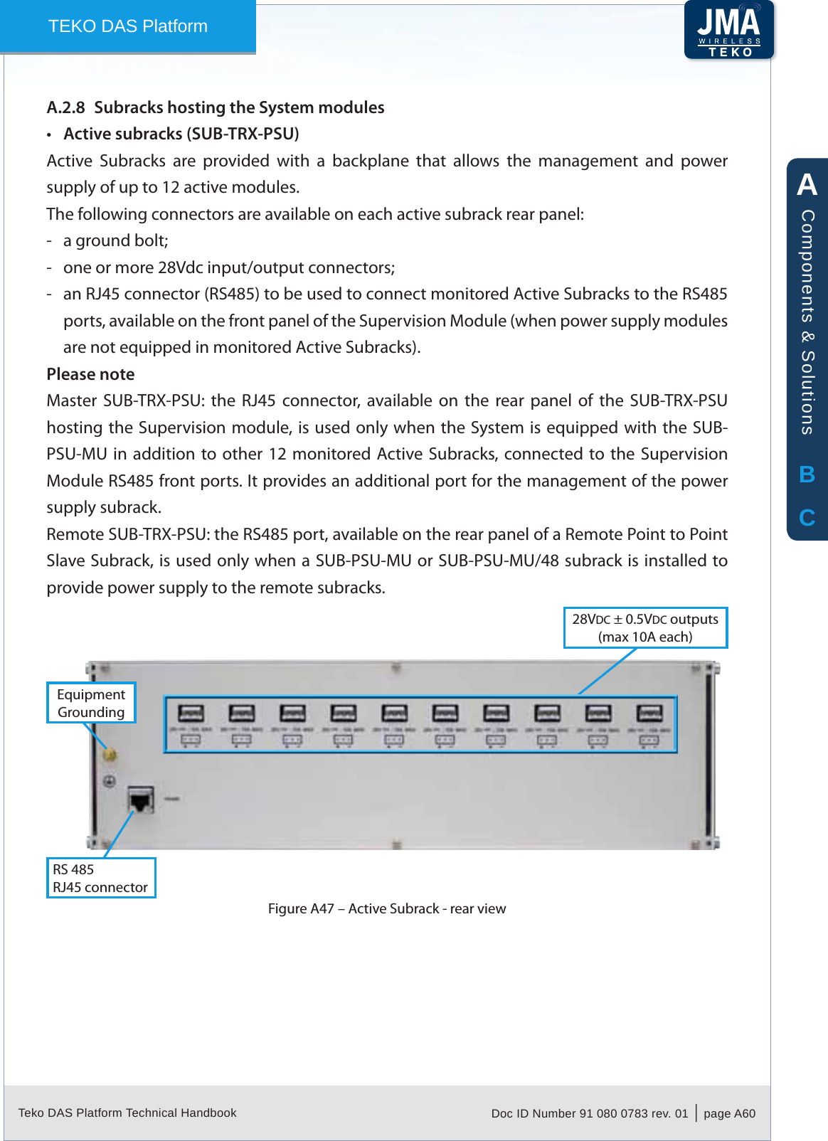Teko DAS Platform Technical Handbook Doc ID Number 91 080 0783 rev. 01  |  page A60TEKO DAS PlatformSubracks hosting the System modulesA.2.8 Active subracks (SUB-TRX-PSU)&bull;Active  Subracks  are  provided  with  a  backplane  that  allows  the  management  and  power supply of up to 12 active modules.The following connectors are available on each active subrack rear panel:a ground bolt; -one or more 28Vdc input/output connectors; -an RJ45 connector (RS485) to be used to connect monitored Active Subracks to the RS485  -ports, available on the front panel of the Supervision Module (when power supply modules are not equipped in monitored Active Subracks).Please noteMaster  SUB-TRX-PSU:  the  RJ45  connector,  available  on  the  rear  panel  of  the  SUB-TRX-PSU hosting the Supervision module, is used only when the System is equipped with the SUB-PSU-MU in addition  to other 12  monitored Active Subracks, connected to the  Supervision Module RS485 front ports. It provides an additional port for the management of the power supply subrack.Remote SUB-TRX-PSU: the RS485 port, available on the rear panel of a Remote Point to Point Slave Subrack, is used only when a SUB-PSU-MU or SUB-PSU-MU/48 subrack is installed to provide power supply to the remote subracks.28VDC &plusmn; 0.5VDC outputs(max 10A each)EquipmentGroundingRS 485RJ45 connectorActive Subrack - rear viewFigure A47 &ndash; ABCComponents &amp; Solutions