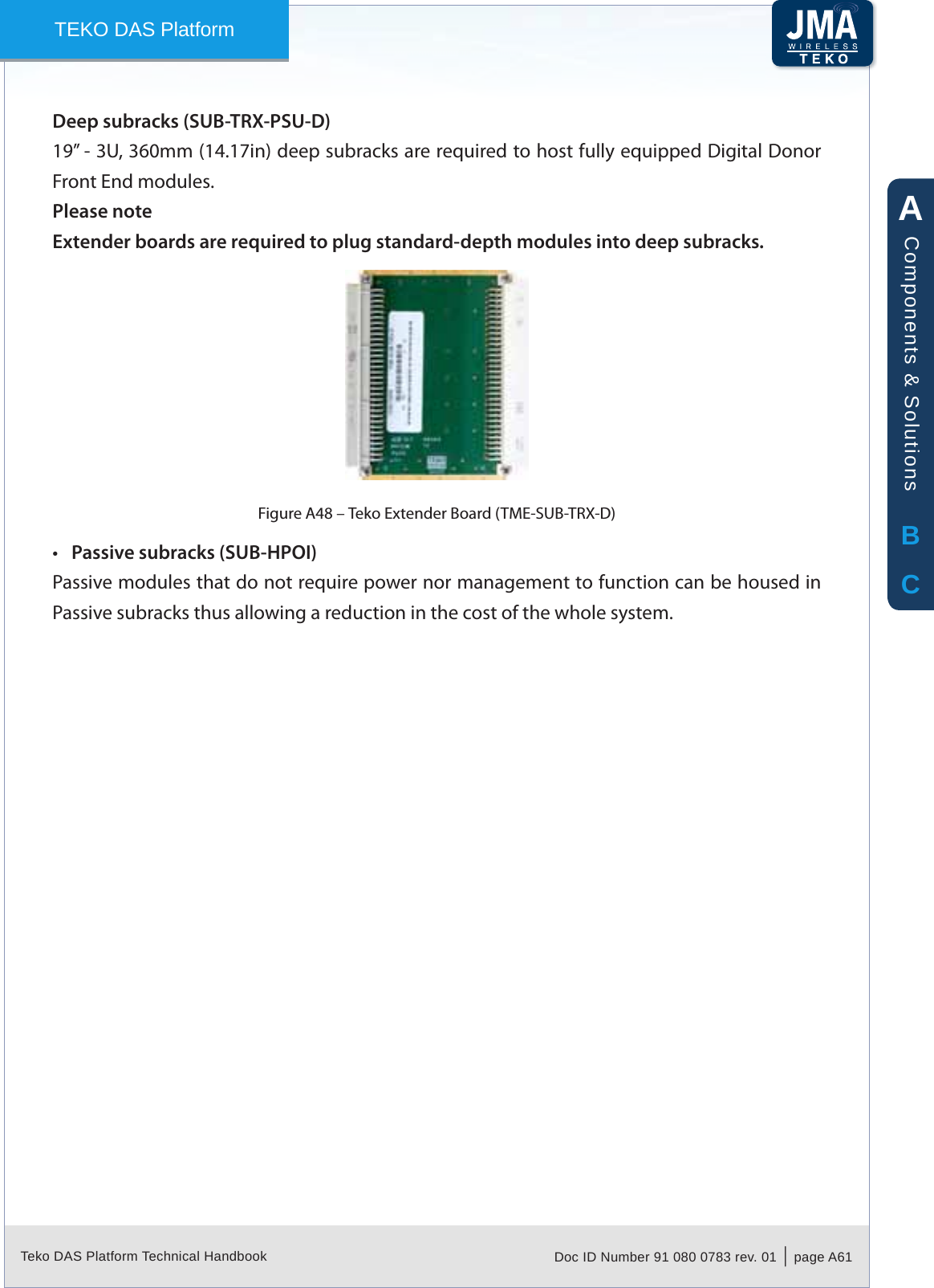 Teko DAS Platform Technical Handbook Doc ID Number 91 080 0783 rev. 01  |  page A61TEKO DAS PlatformDeep subracks (SUB-TRX-PSU-D)19&rdquo; - 3U, 360mm (14.17in) deep subracks are required to host fully equipped Digital Donor Front End modules.Please noteExtender boards are required to plug standard-depth modules into deep subracks.Teko Extender Board (TME-SUB-TRX-D)Figure A48 &ndash; Passive subracks (SUB-HPOI)&bull;Passive modules that do not require power nor management to function can be housed in Passive subracks thus allowing a reduction in the cost of the whole system.ABCComponents &amp; Solutions