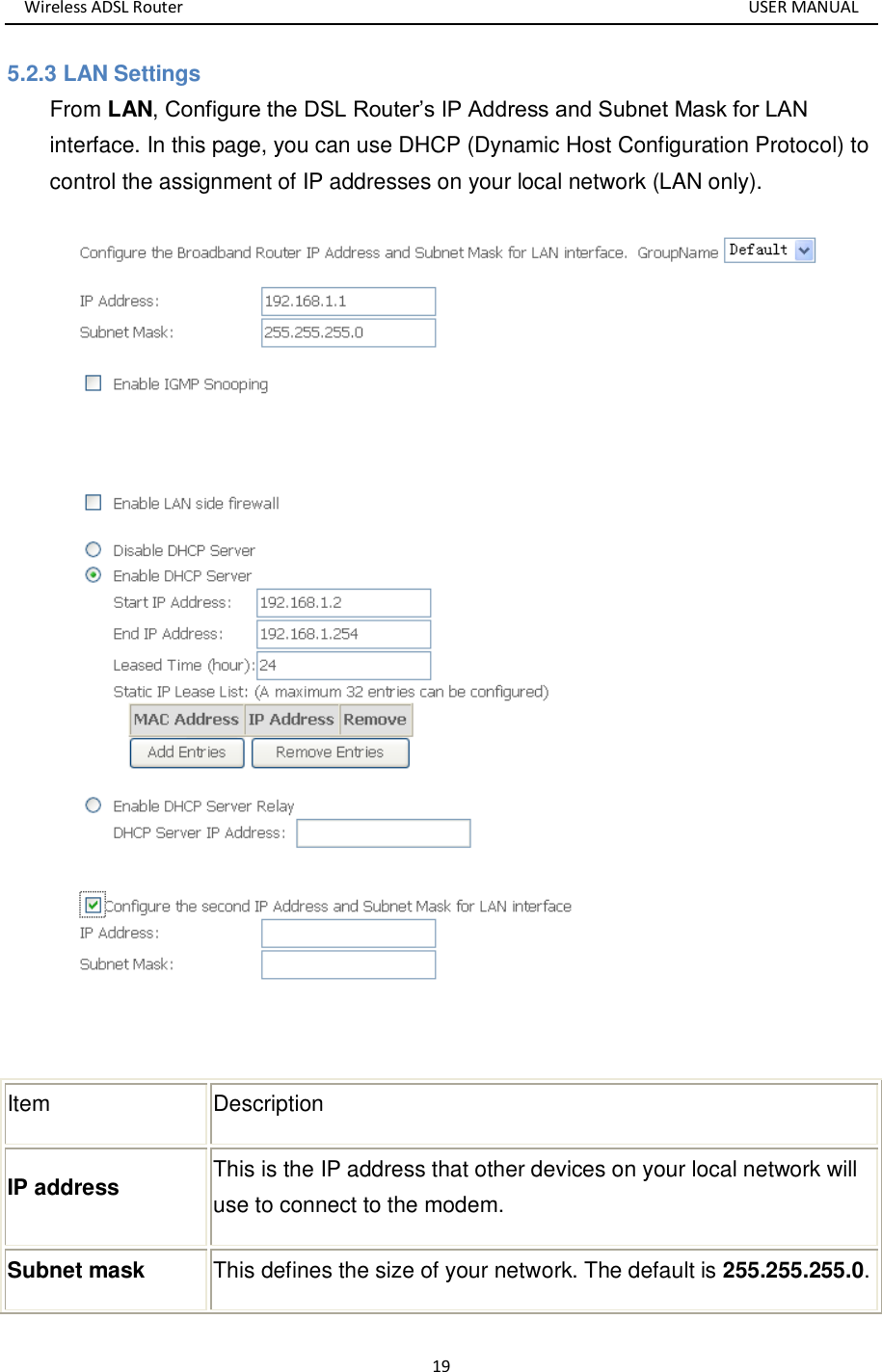 Wireless ADSL Router       USER MANUAL 19 5.2.3 LAN Settings From LAN, Configure the DSL Router’s IP Address and Subnet Mask for LAN interface. In this page, you can use DHCP (Dynamic Host Configuration Protocol) to control the assignment of IP addresses on your local network (LAN only).   Item Description IP address This is the IP address that other devices on your local network will use to connect to the modem. Subnet mask This defines the size of your network. The default is 255.255.255.0. 