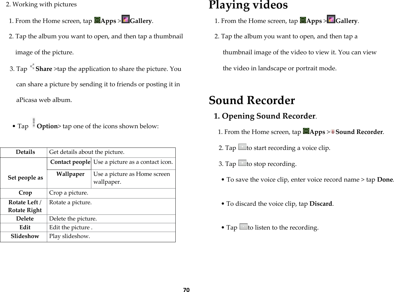  70 2. Working with pictures 1. From the Home screen, tap  Apps >Gallery. 2. Tap the album you want to open, and then tap a thumbnail image of the picture. 3. Tap  Share >tap the application to share the picture. You can share a picture by sending it to friends or posting it in aPicasa web album.  &bull; Tap  Option> tap one of the icons shown below:  Details Get details about the picture.   Set people as Contact people Use a picture as a contact icon. Wallpaper Use a picture as Home screen wallpaper. Crop Crop a picture. Rotate Left / Rotate Right Rotate a picture.   Delete Delete the picture. Edit Edit the picture .   Slideshow Play slideshow.   Playing videos 1. From the Home screen, tap  Apps >Gallery. 2. Tap the album you want to open, and then tap a thumbnail image of the video to view it. You can view the video in landscape or portrait mode.  Sound Recorder 1. Opening Sound Recorder. 1. From the Home screen, tap  Apps >Sound Recorder. 2. Tap  to start recording a voice clip. 3. Tap  to stop recording. &bull; To save the voice clip, enter voice record name > tap Done.  &bull; To discard the voice clip, tap Discard.  &bull; Tap  to listen to the recording.  