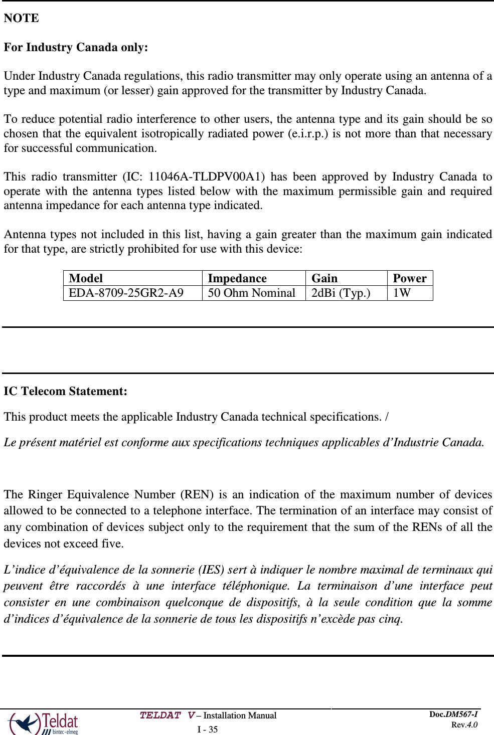  TELDAT V – Installation Manual I - 35 Doc.DM567-I Rev.4.0   NOTE  For Industry Canada only:  Under Industry Canada regulations, this radio transmitter may only operate using an antenna of a type and maximum (or lesser) gain approved for the transmitter by Industry Canada.  To reduce potential radio interference to other users, the antenna type and its gain should be so chosen that the equivalent isotropically radiated power (e.i.r.p.) is not more than that necessary for successful communication.  This radio transmitter (IC: 11046A-TLDPV00A1) has been approved by Industry Canada to operate with the antenna types listed below with the maximum permissible gain and required antenna impedance for each antenna type indicated.   Antenna types not included in this list, having a gain greater than the maximum gain indicated for that type, are strictly prohibited for use with this device:  Model Impedance Gain Power EDA-8709-25GR2-A9 50 Ohm Nominal 2dBi (Typ.) 1W    IC Telecom Statement: This product meets the applicable Industry Canada technical specifications. / Le présent matériel est conforme aux specifications techniques applicables d’Industrie Canada.  The Ringer Equivalence Number (REN) is an indication of the maximum number of devices allowed to be connected to a telephone interface. The termination of an interface may consist of any combination of devices subject only to the requirement that the sum of the RENs of all the devices not exceed five.  L’indice d’équivalence de la sonnerie (IES) sert à indiquer le nombre maximal de terminaux qui peuvent être raccordés à une interface téléphonique. La terminaison d’une interface peut consister en une combinaison quelconque de dispositifs, à la seule condition que la somme d’indices d’équivalence de la sonnerie de tous les dispositifs n’excède pas cinq.   
