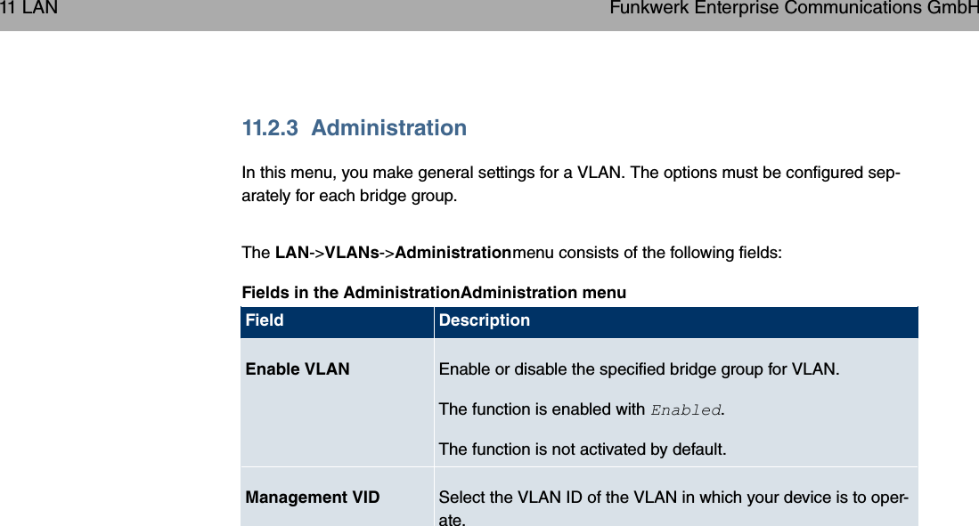 11.2.3 AdministrationIn this menu, you make general settings for a VLAN. The options must be configured sep-arately for each bridge group.The LAN-&gt;VLANs-&gt;Administrationmenu consists of the following fields:Fields in the AdministrationAdministration menuField DescriptionEnable VLAN Enable or disable the specified bridge group for VLAN.The function is enabled with *#).The function is not activated by default.Management VID Select the VLAN ID of the VLAN in which your device is to oper-ate.11 LAN Funkwerk Enterprise Communications GmbH114 bintec WLAN and Industrial WLAN