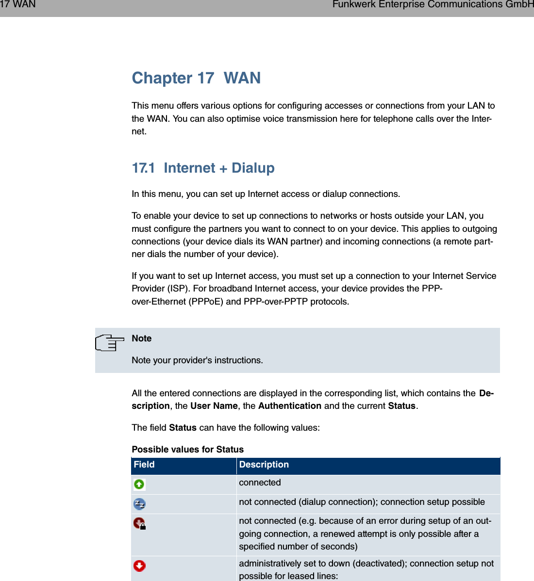 Chapter 17 WANThis menu offers various options for configuring accesses or connections from your LAN tothe WAN. You can also optimise voice transmission here for telephone calls over the Inter-net.17.1 Internet + DialupIn this menu, you can set up Internet access or dialup connections.To enable your device to set up connections to networks or hosts outside your LAN, youmust configure the partners you want to connect to on your device. This applies to outgoingconnections (your device dials its WAN partner) and incoming connections (a remote part-ner dials the number of your device).If you want to set up Internet access, you must set up a connection to your Internet ServiceProvider (ISP). For broadband Internet access, your device provides the PPP-over-Ethernet (PPPoE) and PPP-over-PPTP protocols.NoteNote your provider&apos;s instructions.All the entered connections are displayed in the corresponding list, which contains the De-scription, the User Name, the Authentication and the current Status.The field Status can have the following values:Possible values for StatusField Descriptionconnectednot connected (dialup connection); connection setup possiblenot connected (e.g. because of an error during setup of an out-going connection, a renewed attempt is only possible after aspecified number of seconds)administratively set to down (deactivated); connection setup notpossible for leased lines:17 WAN Funkwerk Enterprise Communications GmbH216 bintec WLAN and Industrial WLAN