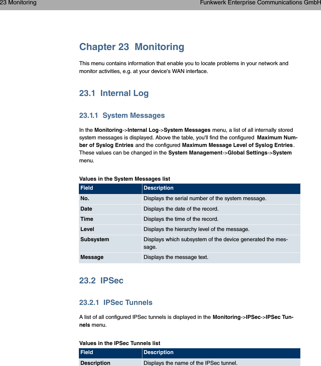 Chapter 23 MonitoringThis menu contains information that enable you to locate problems in your network andmonitor activities, e.g. at your device&apos;s WAN interface.23.1 Internal Log23.1.1 System MessagesIn the Monitoring-&gt;Internal Log-&gt;System Messages menu, a list of all internally storedsystem messages is displayed. Above the table, you&apos;ll find the configured Maximum Num-ber of Syslog Entries and the configured Maximum Message Level of Syslog Entries.These values can be changed in the System Management-&gt;Global Settings-&gt;Systemmenu.Values in the System Messages listField DescriptionNo. Displays the serial number of the system message.Date Displays the date of the record.Time Displays the time of the record.Level Displays the hierarchy level of the message.Subsystem Displays which subsystem of the device generated the mes-sage.Message Displays the message text.23.2 IPSec23.2.1 IPSec TunnelsA list of all configured IPSec tunnels is displayed in the Monitoring-&gt;IPSec-&gt;IPSec Tun-nels menu.Values in the IPSec Tunnels listField DescriptionDescription Displays the name of the IPSec tunnel.23 Monitoring Funkwerk Enterprise Communications GmbH332 bintec WLAN and Industrial WLAN