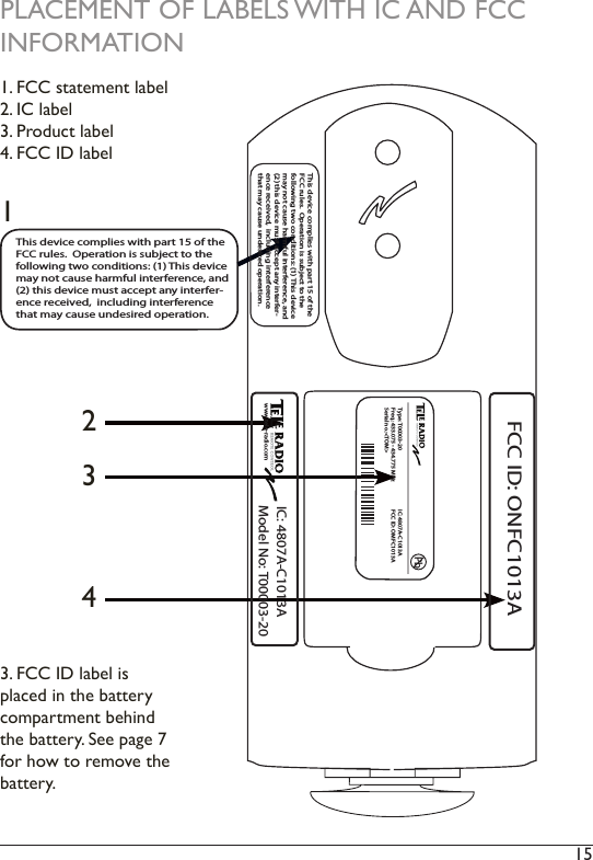 15 PLACEMENT OF LABELS WITH IC AND FCC INFORMATION1. FCC statement label2. IC label3. Product label4. FCC ID label12343. FCC ID label is placed in the battery compartment behind the battery. See page 7 for how to remove the battery. This device complies with part 15 of theFCC rules.  Operation is subject to thefollowing two conditions: (1) This devicemay not cause harmful interference, and(2) this device must accept any interfer-ence received,  including interferencethat may cause undesired operation.FCC ID: ONFC1013Awww.tele-radio.comIC: 4807A-C1013AModel No: T00003-20PbType: T00003-20Freq.: 433.075 - 434.775 MHzSerial no.:&lt;TOM&gt;IC: 4807A-C1013AFCC ID: OMFC1013AThis device complies with part 15 of theFCC rules.  Operation is subject to thefollowing two conditions: (1) This devicemay not cause harmful interference, and(2) this device must accept any interfer-ence received,  including interferencethat may cause undesired operation.