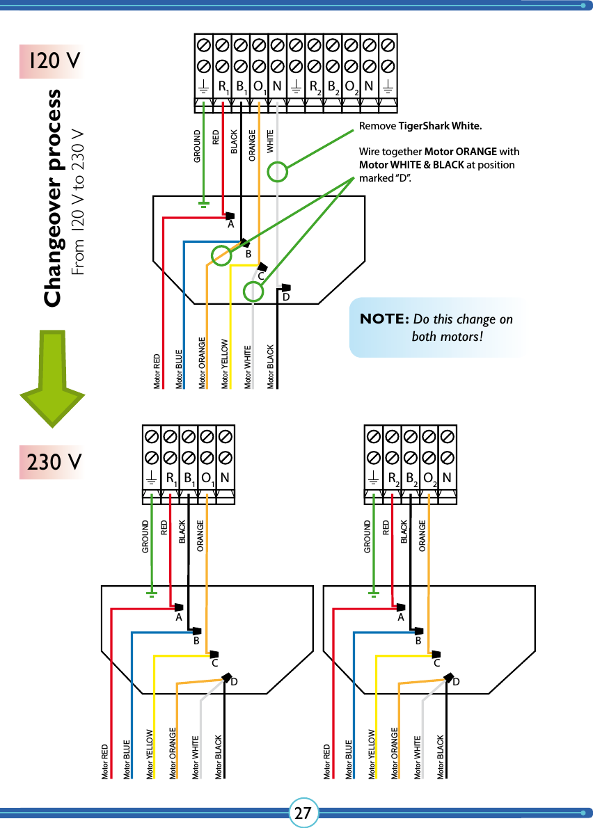 27NR1B1O1GROUNDREDBLACKORANGEWHITEMotor REDMotor BLUEMotor ORANGEMotor YELLOWMotor WHITEMotor BLACKABCDNR1B1O1R2B2O2NGROUNDMotor RED Motor BLUEMotor YELLOWMotor ORANGEMotor WHITEMotor BLACKREDBLACKORANGEABCDNR2B2O2GROUNDMotor RED Motor BLUEMotor YELLOWMotor ORANGEMotor WHITEMotor BLACKREDBLACKORANGEABCDWire together Motor ORANGE with Motor WHITE &amp; BLACK at position marked “D”.Remove TigerShark White.Changeover process120 V230 VFrom 120 V to 230 VNOTE: Do this change on    both motors!