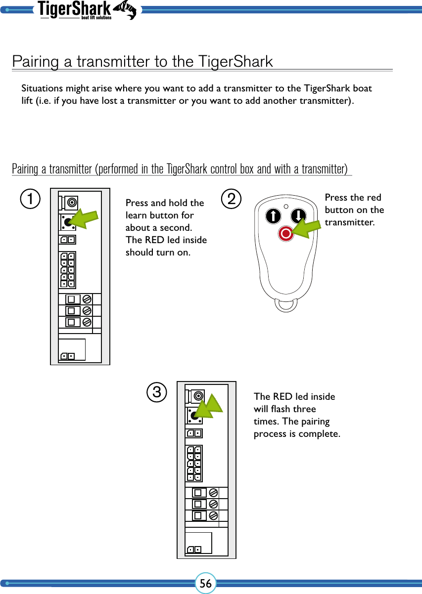 TigerSharkboat lift solutions56Pairing a transmitter to the TigerSharkSituations might arise where you want to add a transmitter to the TigerShark boat lift (i.e. if you have lost a transmitter or you want to add another transmitter).The RED led inside will ﬂash three times. The pairing process is complete.3Pairing a transmitter (performed in the TigerShark control box and with a transmitter)Press and hold the learn button for about a second. The RED led inside should turn on.1Press the red button on the transmitter.2