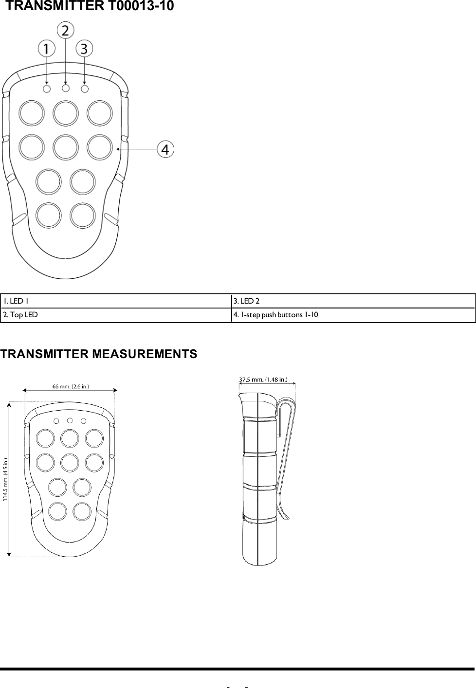 -11 -TRANSMITTER T00013-101. LED 1                     3. LED 22. Top LED 4. 1-step push buttons 1-10TRANSMITTER MEASUREMENTS