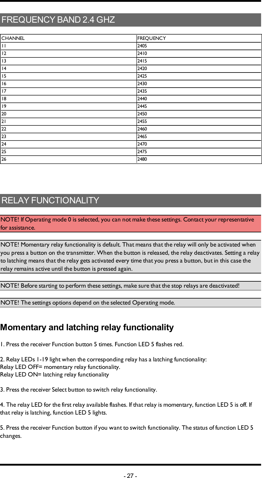 FREQUENCY BAND 2.4 GHZCHANNEL FREQUENCY11 240512 241013 241514 242015 242516 243017 243518 244019 244520 245021 245522 246023 246524 247025 247526 2480RELAY FUNCTIONALITYNOTE! If Operating mode 0 is selected, you can not make these settings. Contact your representative for assistance. NOTE! Momentary relay functionality is default. That means that the relay will only be activated when you press a button on the transmitter. When the button is released, the relay deactivates. Setting a relay to latching means that the relay gets activated every time that you press a button, but in this case the relay remains active until the button is pressed again.NOTE! Before starting to perform these settings, make sure that the stop relays are deactivated!NOTE! The settings options depend on the selected Operating mode. Momentary and latching relay functionality1. Press the receiver Function button 5 times. Function LED 5 flashes red. 2. Relay LEDs 1-19 light  when the corresponding relay has a latching functionality: Relay LED OFF= momentary relay functionality. Relay LED ON= latching relay functionality3. Press the receiver Select button to switch relay functionality. 4. The relay LED for the first relay  available flashes. If that relay is momentary, function LED 5 is off. If that relay is latching, function LED 5 lights. 5. Press the receiver Function button if you want to switch functionality. The status of function LED 5 changes. -27 -