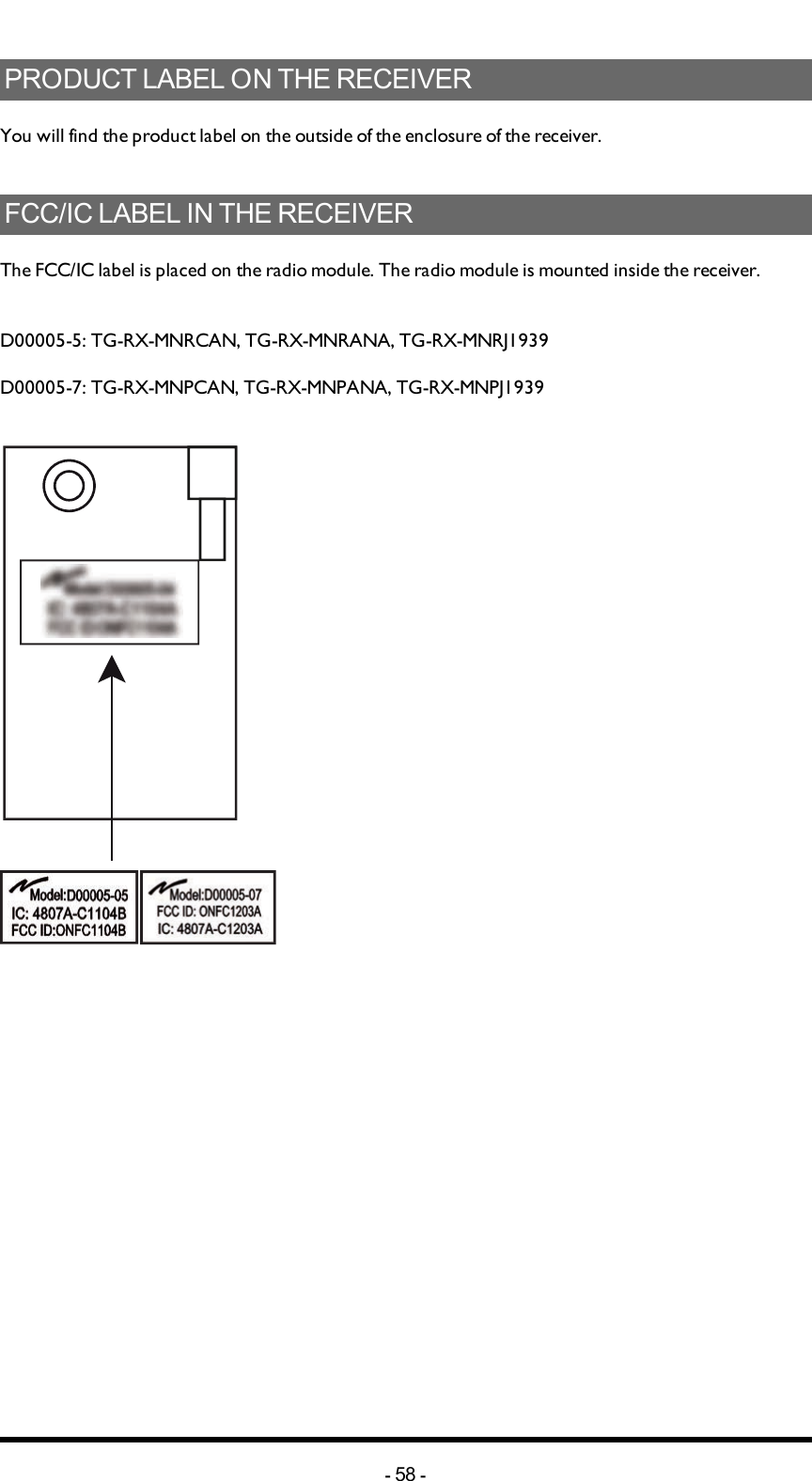 PRODUCTLABELONTHERECEIVERYou will find the product label on the outside of the enclosure of the receiver.FCC/ICLABELINTHERECEIVERThe FCC/IC label is placed on the radio module. The radio module is mounted inside the receiver.D00005-5: TG-RX-MNRCAN, TG-RX-MNRANA, TG-RX-MNRJ1939D00005-7: TG-RX-MNPCAN, TG-RX-MNPANA, TG-RX-MNPJ1939 -58 -