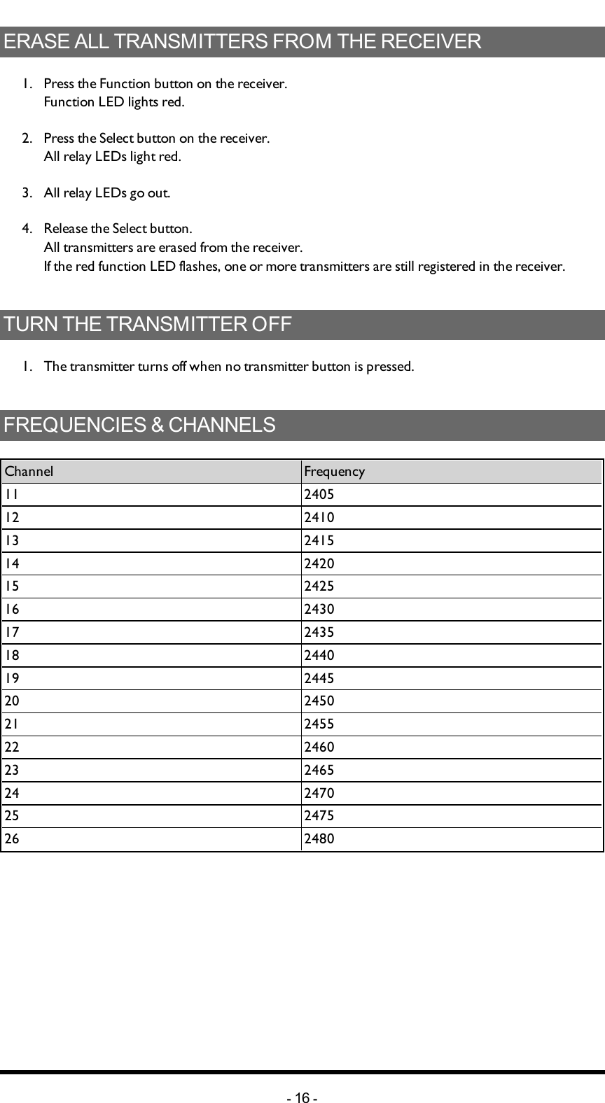 Chapter 3: INSTALLERS GUIDEERASE ALL TRANSMITTERS FROM THE RECEIVER1.  Press the Function button on the receiver. Function LED lights red.2.  Press the Select button on the receiver. All relay LEDs light red.3.  All relay LEDs go out.4.  Release the Select button.All transmitters are erased from the receiver.If the red function LED flashes, one or more transmitters are still registered in the receiver.TURN THE TRANSMITTER OFF1.  The transmitter turns off when no transmitter button is pressed.FREQUENCIES &amp; CHANNELSChannel Frequency11 240512 241013 241514 242015 242516 243017 243518 244019 244520 245021 245522 246023 246524 247025 247526 2480-16 -