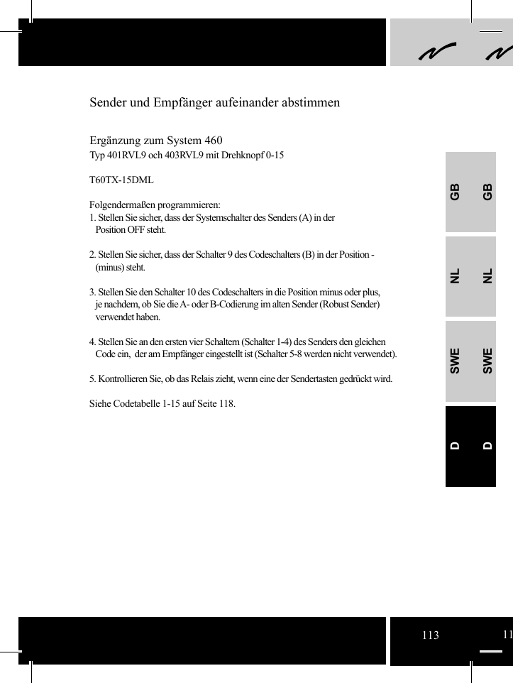 GBNLSWEDGBNLSWEDSender und Empfänger aufeinander abstimmenErgänzung zum System 460Typ 401RVL9 och 403RVL9 mit Drehknopf 0-15T60TX-15DMLFolgendermaßen programmieren:1. Stellen Sie sicher, dass der Systemschalter des Senders (A) in der    Position OFF steht.2. Stellen Sie sicher, dass der Schalter 9 des Codeschalters (B) in der Position -    (minus) steht. 3. Stellen Sie den Schalter 10 des Codeschalters in die Position minus oder plus,    je nachdem, ob Sie die A- oder B-Codierung im alten Sender (Robust Sender)    verwendet haben.4. Stellen Sie an den ersten vier Schaltern (Schalter 1-4) des Senders den gleichen    Code ein,  der am Empfänger eingestellt ist (Schalter 5-8 werden nicht verwendet).5. Kontrollieren Sie, ob das Relais zieht, wenn eine der Sendertasten gedrückt wird.Siehe Codetabelle 1-15 auf Seite 118. 113 11