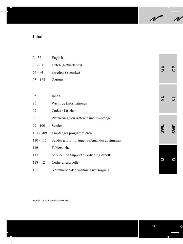 GBNLSWEDGBNLSWED2 - 32  English33 - 63  Dutch (Netherlands)64 - 94  Swedish (Svenska)95 - 125  GermanGedruckt in Schweden März-03 MW Inhalt95 Inhalt96 Wichtige Informationen97  Codes / Löschen98  Platzierung von Antenne und Empfänger 99 - 100  Sender101 - 109  Empfänger programmieren 110 - 115  Sender und Empfänger aufeinander abstimmen 116 Fehlersuche117  Service und Support / Codierungstabelle118 - 124  Codierungstabelle125  Anschließen der Spannungsversorgung 95 96