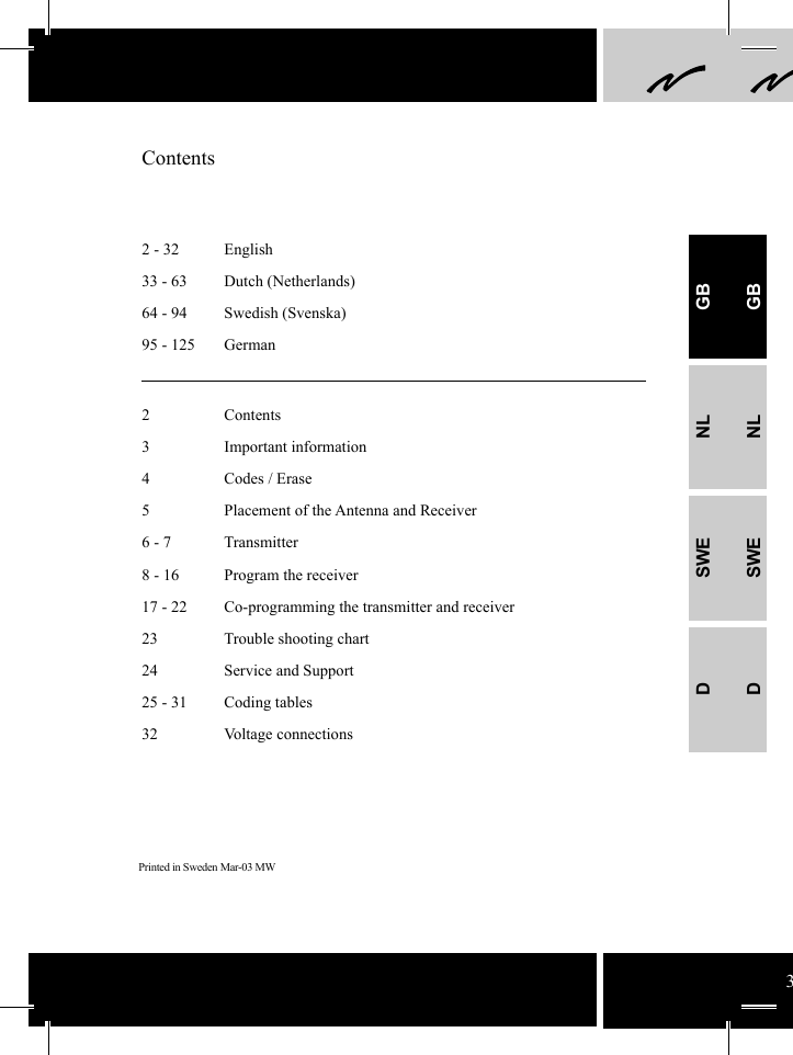 2 - 32  English33 - 63  Dutch (Netherlands)64 - 94  Swedish (Svenska)95 - 125  German3Printed in Sweden Mar-03 MW Contents2 Contents3 Important information4  Codes / Erase5  Placement of the Antenna and Receiver 6 - 7  Transmitter8 - 16  Program the receiver17 - 22  Co-programming the transmitter and receiver 23  Trouble shooting chart24  Service and Support25 - 31  Coding tables32 Voltage connectionsGBNLSWEDGBNLSWED