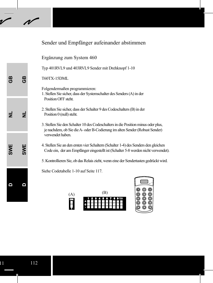 GBNLSWEDGBNLSWED(A) (B)41231 2 356785678919 10+0-ONON1Sender und Empfänger aufeinander abstimmenErgänzung zum System 460 Typ 401RVL9 und 403RVL9 Sender mit Drehknopf 1-10T60TX-15DMLFolgendermaßen programmieren:1. Stellen Sie sicher, dass der Systemschalter des Senders (A) in der    Position OFF steht.2. Stellen Sie sicher, dass der Schalter 9 des Codeschalters (B) in der    Position 0 (null) steht. 3. Stellen Sie den Schalter 10 des Codeschalters in die Position minus oder plus,       je nachdem, ob Sie die A- oder B-Codierung im alten Sender (Robust Sender)    verwendet haben.4. Stellen Sie an den ersten vier Schaltern (Schalter 1-4) des Senders den gleichen       Code ein,  der am Empfänger eingestellt ist (Schalter 5-8 werden nicht verwendet).5. Kontrollieren Sie, ob das Relais zieht, wenn eine der Sendertasten gedrückt wird.Siehe Codetabelle 1-10 auf Seite 117. 11112