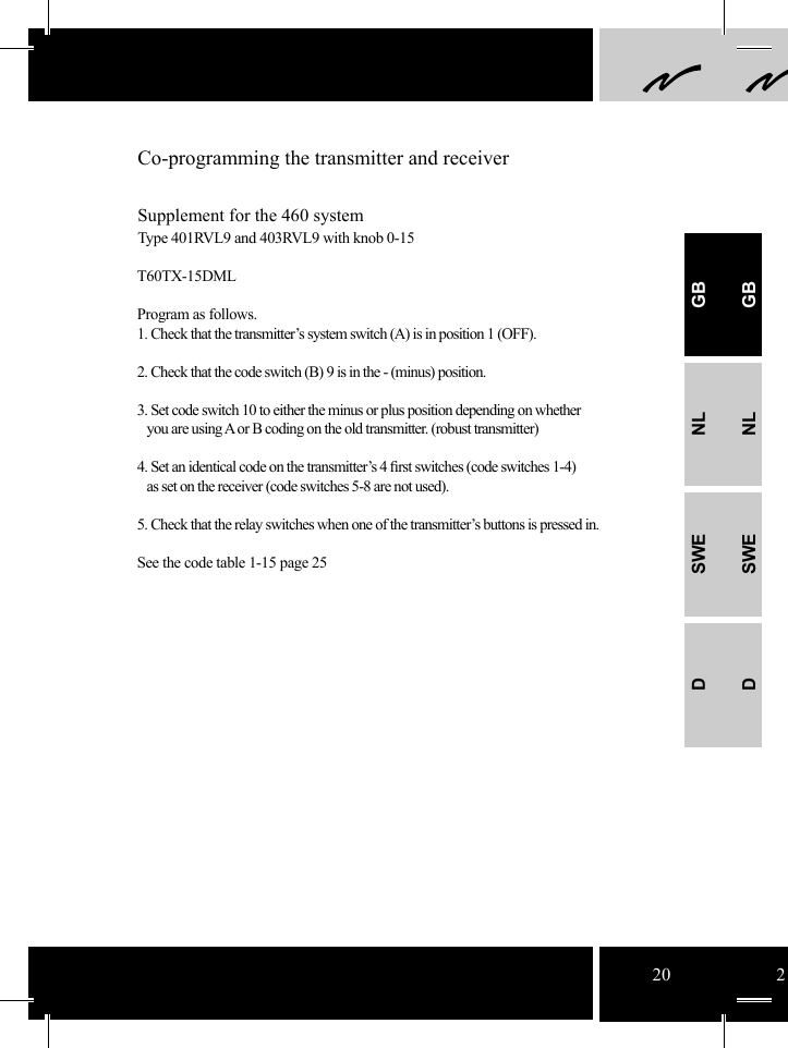 20 21Co-programming the transmitter and receiverSupplement for the 460 systemType 401RVL9 and 403RVL9 with knob 0-15T60TX-15DMLProgram as follows.1. Check that the transmitter’s system switch (A) is in position 1 (OFF).2. Check that the code switch (B) 9 is in the - (minus) position. 3. Set code switch 10 to either the minus or plus position depending on whether     you are using A or B coding on the old transmitter. (robust transmitter)4. Set an identical code on the transmitter’s 4 ﬁ rst switches (code switches 1-4)   as set on the receiver (code switches 5-8 are not used).5. Check that the relay switches when one of the transmitter’s buttons is pressed in.See the code table 1-15 page 25 GBNLSWEDGBNLSWED