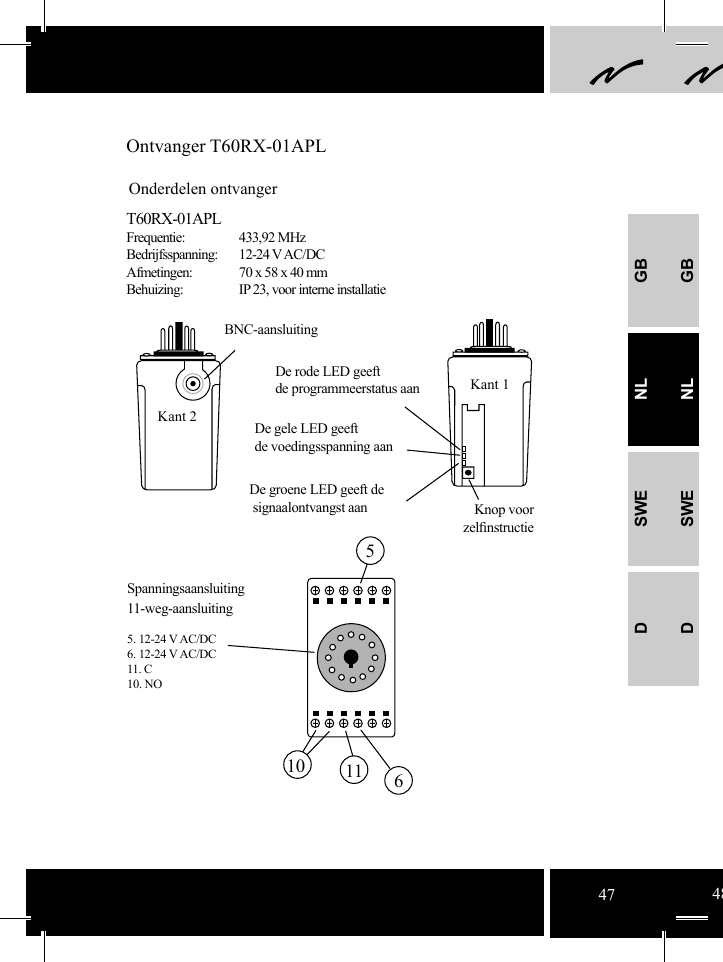 GBNLSWEDGBNLSWED561110Ontvanger T60RX-01APLOnderdelen ontvangerT60RX-01APLFrequentie:   433,92 MHz     Bedrijfsspanning:      12-24 V AC/DC   Afmetingen:  70 x 58 x 40 mm   Behuizing:  IP 23, voor interne installatie De groene LED geeft de signaalontvangst aan Knop voorzelﬁ nstructieDe rode LED geeft de programmeerstatus aanDe gele LED geeft de voedingsspanning aanBNC-aansluitingKant 1Kant 2Spanningsaansluiting11-weg-aansluiting5. 12-24 V AC/DC6. 12-24 V AC/DC11. C 10. NO47 48