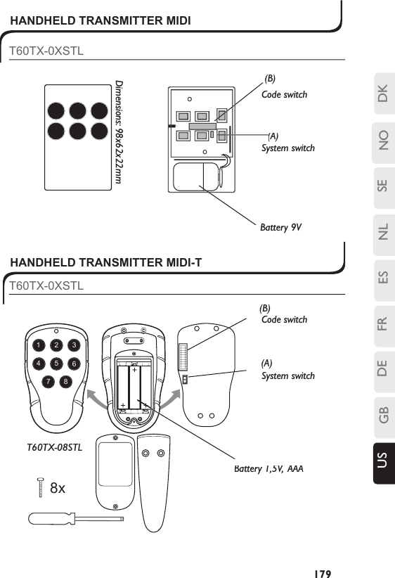 SENLESFRDEGBUS NO DK179Dimensions: 98x62x22mm(A)(B)System switch Code switch Battery 9VHANDHELD TRANSMITTER MIDI(A)(A)(B)Battery 1,5V,  AAABattery 1,5V,  AAABattery++871423568xON1T60TX-08STLHANDHELD TRANSMITTER MIDI-TT60TX-0XSTLCode switch System switch T60TX-0XSTL