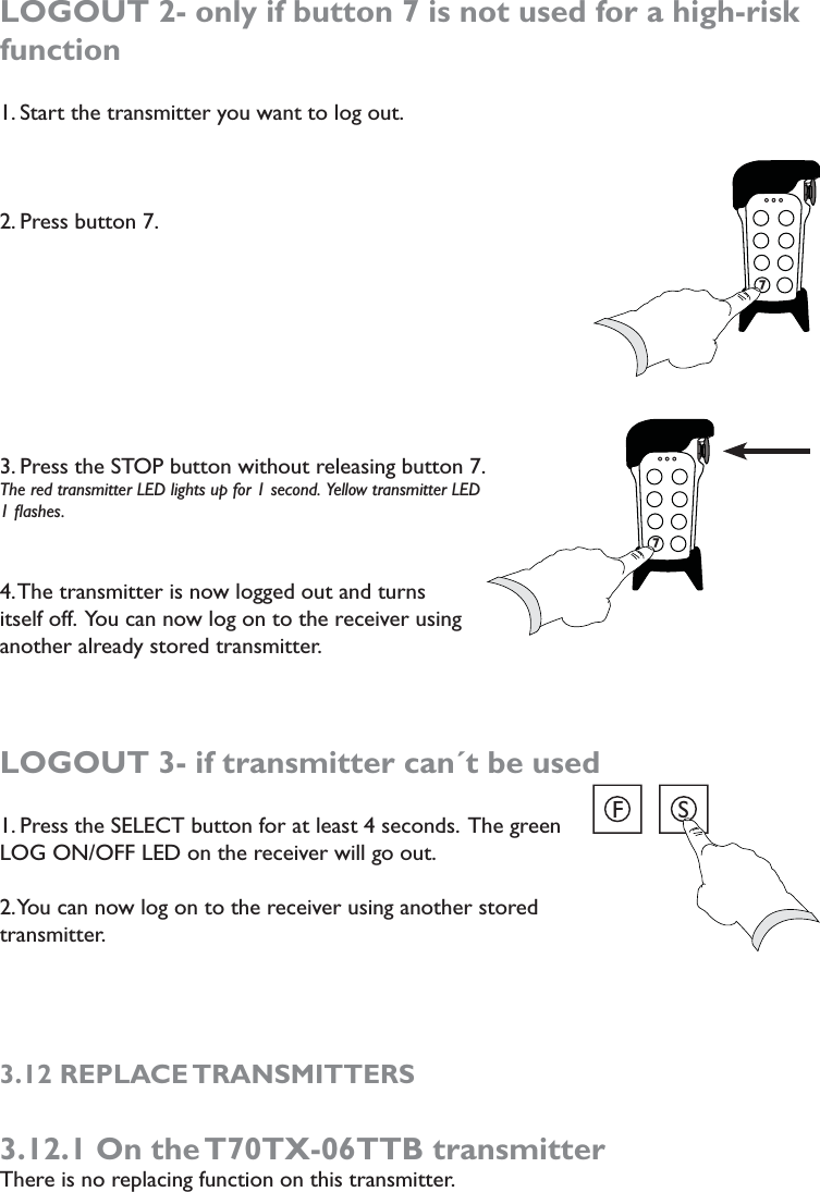 LOGOUT 2- only if button 7 is not used for a high-risk function1. Start the transmitter you want to log out.2. Press button 7. 3. Press the STOP button without releasing button 7. The red transmitter LED lights up for 1 second.  Yellow transmitter LED 1 ﬂashes.4. The transmitter is now logged out and turns itself off.  You can now log on to the receiver using another already stored transmitter. LOGOUT 3- if transmitter can´t be used1. Press the SELECT button for at least 4 seconds.  The green LOG ON/OFF LED on the receiver will go out. 2. You can now log on to the receiver using another stored transmitter. 3.12 REPLACE TRANSMITTERS3.12.1 On the T70TX-06TTB transmitterThere is no replacing function on this transmitter.7777FS