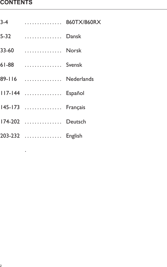 2CONTENTS3-45-3233-6061-8889-116 117-144145-173174-202203-232. . . . . . . . . . . . . . .   860TX/860RX. . . . . . . . . . . . . . .   Dansk. . . . . . . . . . . . . . .   Norsk. . . . . . . . . . . . . . .   Svensk. . . . . . . . . . . . . . .   Nederlands. . . . . . . . . . . . . . .   Español. . . . . . . . . . . . . . .   Français. . . . . . . . . . . . . . .   Deutsch. . . . . . . . . . . . . . .   English.