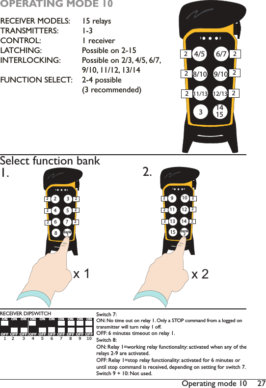 272SHUDWLQJPRGH1 24/59/108/1011/13 12/1336/72222221415OPERATING MODE 10RECEIVER MODELS: TRANSMITTERS:CONTROL:LATCHING:INTERLOCKING:FUNCTION SELECT:15 relays1-3UHFHLYHUPossible on 2-153RVVLEOHRQSRVVLEOHUHFRPPHQGHGOFFONOFFONOFFONOFFONOFFONOFFONOFFONOFFONOFFONOFFON 1    2      3     4     5     6     7     8     9    10 RECEIVER DIPSWITCH Switch 7:ON: No time out on relay 1. Only a STOP command from a logged on transmitter will turn relay 1 off.OFF: 6 minutes timeout on relay 1.Switch 8:ON: Relay 1=working relay functionality: activated when any of the relays 2-9 are activated.OFF: Relay 1=stop relay functionality: activated for 6 minutes or until stop command is received, depending on setting for switch 7.Switch 9 + 10: Not used.1 2246 7835Bank22222211 291011 12131514Bank22222221. 2.x 1 x 2Select function bank