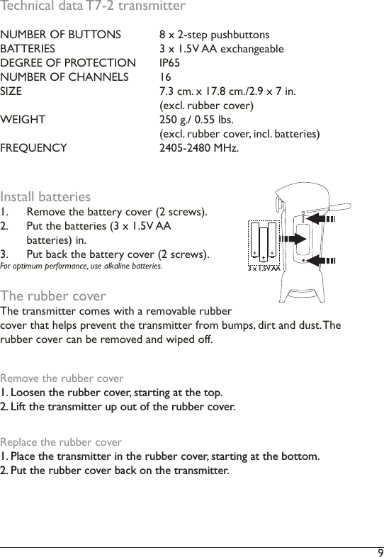 9 Technical data T7-2 transmitterNUMBER OF BUTTONS  8 x 2-step pushbuttonsBATTERIES    3 x 1.5V AA exchangeable DEGREE OF PROTECTION  IP65NUMBER OF CHANNELS  16 SIZE                    7.3 cm. x 17.8 cm./2.9 x 7 in.      (excl. rubber cover)WEIGHT      250 g./ 0.55 lbs.      (excl. rubber cover, incl. batteries)FREQUENCY    2405-2480 MHz.Install batteries1.  Remove the battery cover (2 screws).2.  Put the batteries (3 x 1.5V AA  batteries) in. 3.  Put back the battery cover (2 screws).For optimum performance, use alkaline batteries.The rubber coverThe transmitter comes with a removable rubbercover that helps prevent the transmitter from bumps, dirt and dust. The rubber cover can be removed and wiped off. Remove the rubber cover1. Loosen the rubber cover, starting at the top. 2. Lift the transmitter up out of the rubber cover.Replace the rubber cover1. Place the transmitter in the rubber cover, starting at the bottom.2. Put the rubber cover back on the transmitter. +3 x 1.5V AA