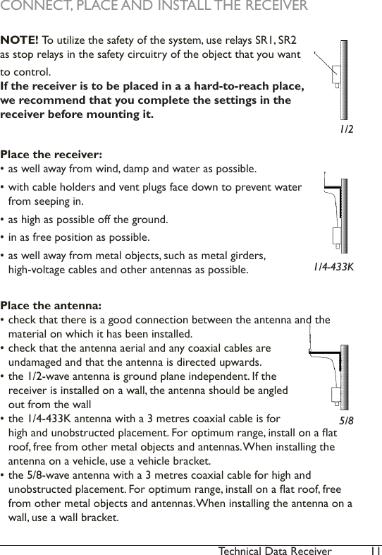 11Technical Data ReceiverCONNECT, PLACE AND INSTALL THE RECEIVERNOTE! To utilize the safety of the system, use relays SR1, SR2 as stop relays in the safety circuitry of the object that you want to control. If the receiver is to be placed in a a hard-to-reach place, we recommend that you complete the settings in the receiver before mounting it.Place the receiver:• as well away from wind, damp and water as possible.• with cable holders and vent plugs face down to prevent water from seeping in. • as high as possible off the ground.• in as free position as possible.• as well away from metal objects, such as metal girders,  high-voltage cables and other antennas as possible.Place the antenna:• check that there is a good connection between the antenna and the material on which it has been installed.• check that the antenna aerial and any coaxial cables are undamaged and that the antenna is directed upwards.• the 1/2-wave antenna is ground plane independent. If the receiver is installed on a wall, the antenna should be angled out from the wall• the 1/4-433K antenna with a 3 metres coaxial cable is for high and unobstructed placement. For optimum range, install on a at roof, free from other metal objects and antennas. When installing the antenna on a vehicle, use a vehicle bracket.• the 5/8-wave antenna with a 3 metres coaxial cable for high and  unobstructed placement. For optimum range, install on a at roof, free from other metal objects and antennas. When installing the antenna on a wall, use a wall bracket.1/21/4-433K5/8