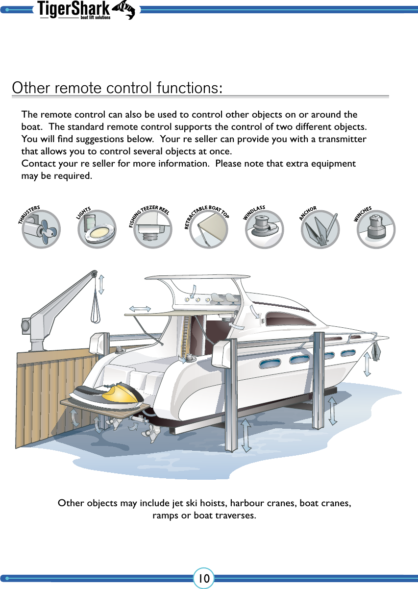 TigerSharkboat lift solutions10Other remote control functions:The remote control can also be used to control other objects on or around the boat.  The standard remote control supports the control of two different objects.  You will ﬁnd suggestions below.  Your re seller can provide you with a  transmitter that allows you to control several objects at once. Contact your re seller for more information.  Please note that extra equipment may be required.Other objects may include jet ski hoists, harbour cranes, boat cranes, ramps or boat traverses.