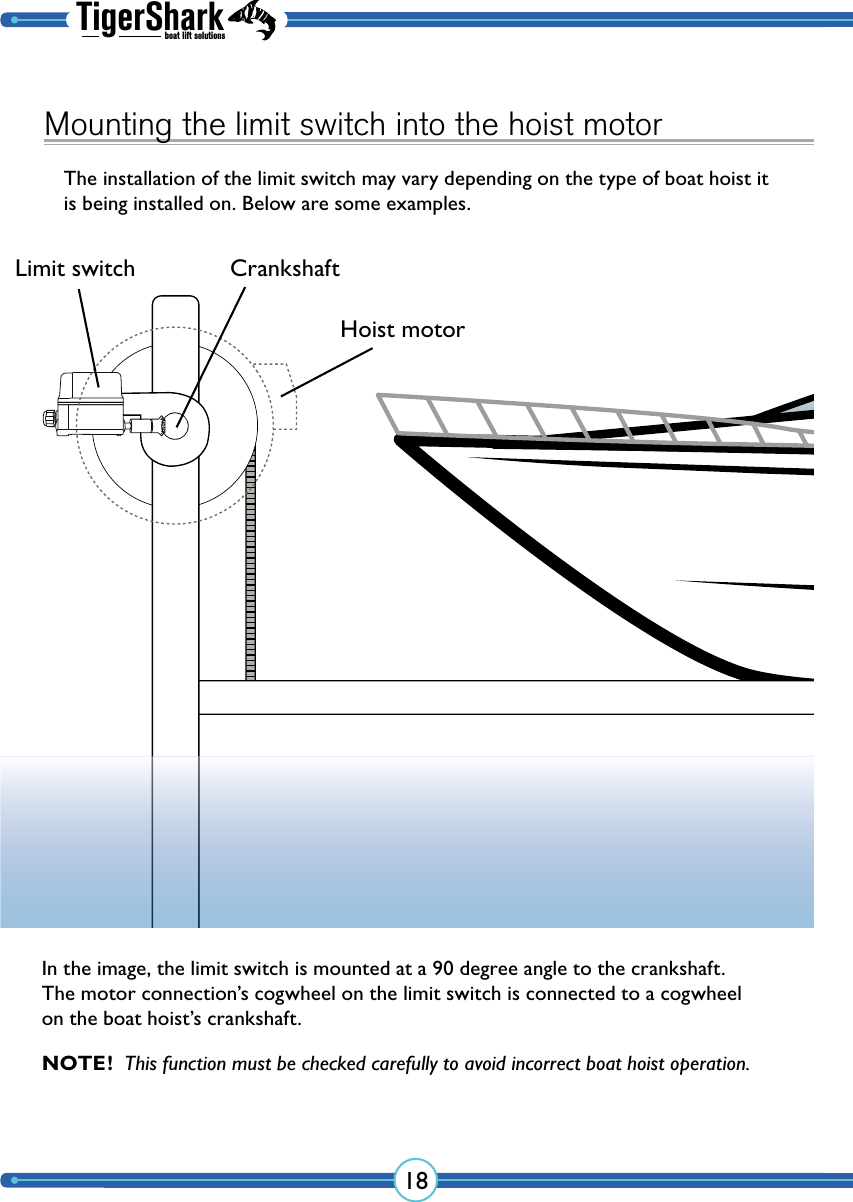 TigerSharkboat lift solutions18Mounting the limit switch into the hoist motorThe installation of the limit switch may vary depending on the type of boat hoist it is being installed on. Below are some examples.In the image, the limit switch is mounted at a 90 degree angle to the crankshaft.  The motor connection’s cogwheel on the limit switch is connected to a cogwheel on the boat hoist’s crankshaft.NOTE!  This function must be checked carefully to avoid incorrect boat hoist operation.CrankshaftHoist motorLimit switch