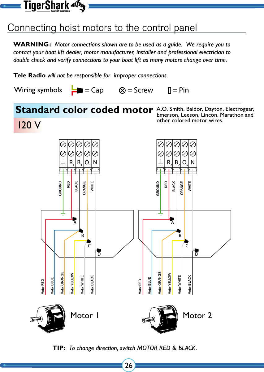 TigerSharkboat lift solutions26Standard color coded motor120 VA.O. Smith, Baldor, Dayton, Electrogear, Emerson, Leeson, Lincon, Marathon and other colored motor wires.Motor 1 Motor 2TIP:  To change direction, switch MOTOR RED &amp; BLACK.NR1B1O1GROUNDREDBLACKORANGEWHITEMotor REDMotor BLUEMotor ORANGEMotor YELLOWMotor WHITEMotor BLACKMotor REDMotor BLUEMotor ORANGEMotor YELLOWMotor WHITEMotor BLACKABCDNR2B2O2GROUNDREDBLACKORANGEWHITEABCDConnecting hoist motors to the control panel= Cap = Screw = PinWiring symbolsWARNING:  Motor connections shown are to be used as a guide.  We require you to contact your boat lift dealer, motor manufacturer, installer and professional electrician to double check and verify  connections to your boat lift as many  motors change over time.  Tele Radio will not be responsible for  improper connections.