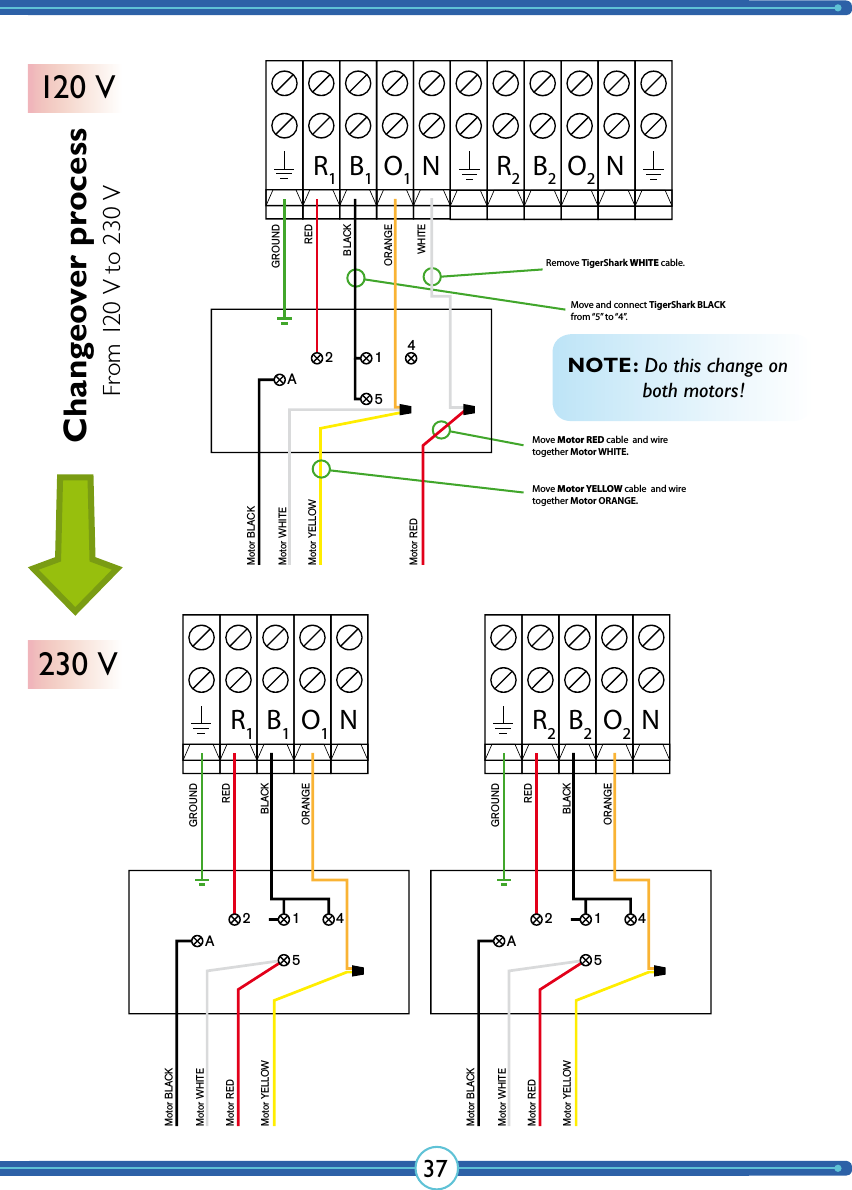 37NR1B1O1GROUNDREDBLACKORANGEMotor BLACKMotor WHITEMotor REDMotor YELLOW12A54NR2B2O2GROUNDREDBLACKORANGEMotor BLACKMotor WHITEMotor REDMotor YELLOW12A54Remove TigerShark WHITE cable.Move Motor RED cable  and wiretogether Motor WHITE.Move Motor YELLOW cable  and wiretogether Motor ORANGE.Move and connect TigerShark BLACK from “5” to “4”.R2B2O2NR1B1O1NGROUNDREDBLACKORANGEWHITEMotor BLACKMotor WHITEMotor YELLOWMotor RED12A54NOTE: Do this change on    both motors!Changeover process120 V230 VFrom 120 V to 230 V