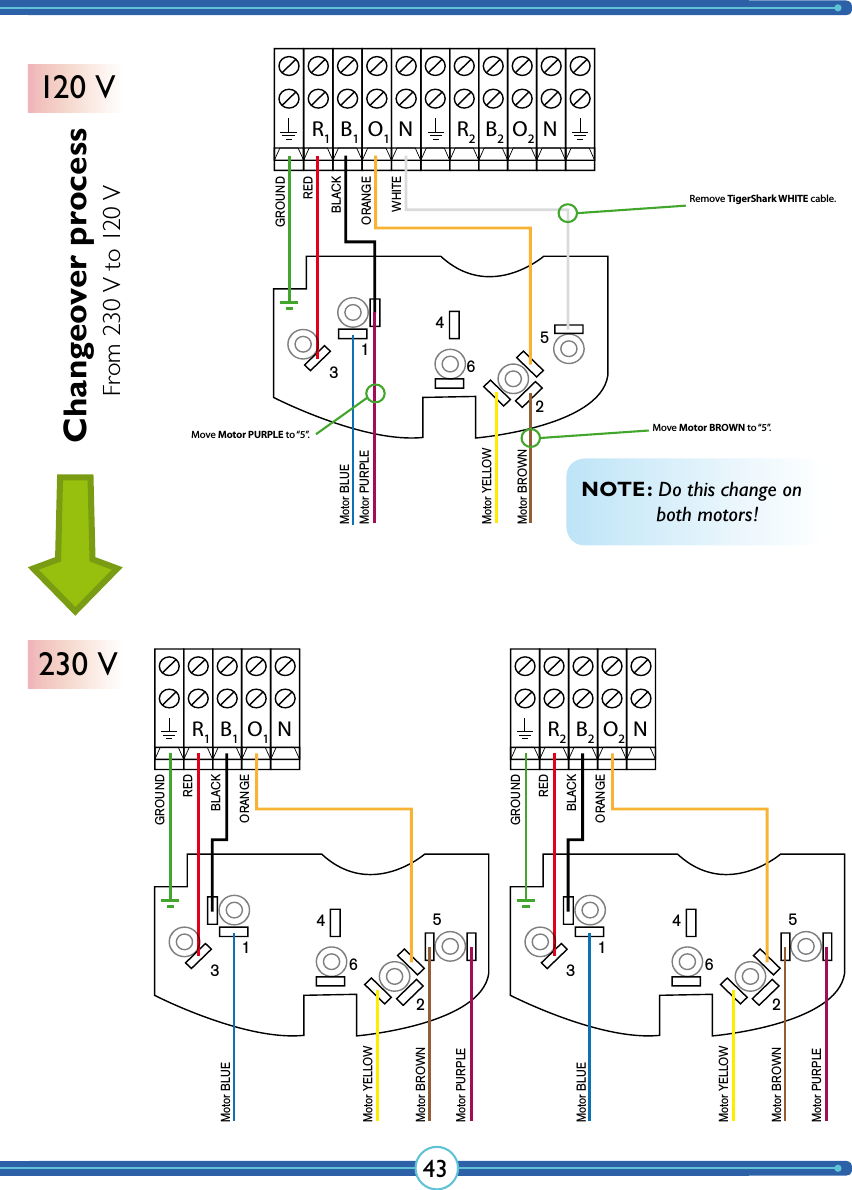 43R1B1O1NGROUNDBLACK314625REDORANGEWHITEMotor BLUE Motor BROWNMotor PURPLEMotor YELLOW R2B2O2NNR1B1O1GROUNDBLACK314625REDORANGEMotor BLUE Motor BROWNMotor PURPLEMotor YELLOW Remove TigerShark WHITE cable.Move Motor PURPLE to “5”. Move Motor BROWN to “5”.NR2B2O2GROUNDBLACK314625REDORANGEMotor BLUE Motor BROWNMotor PURPLEMotor YELLOW NOTE: Do this change on    both motors!Changeover process120 V230 VFrom 230 V to 120 V