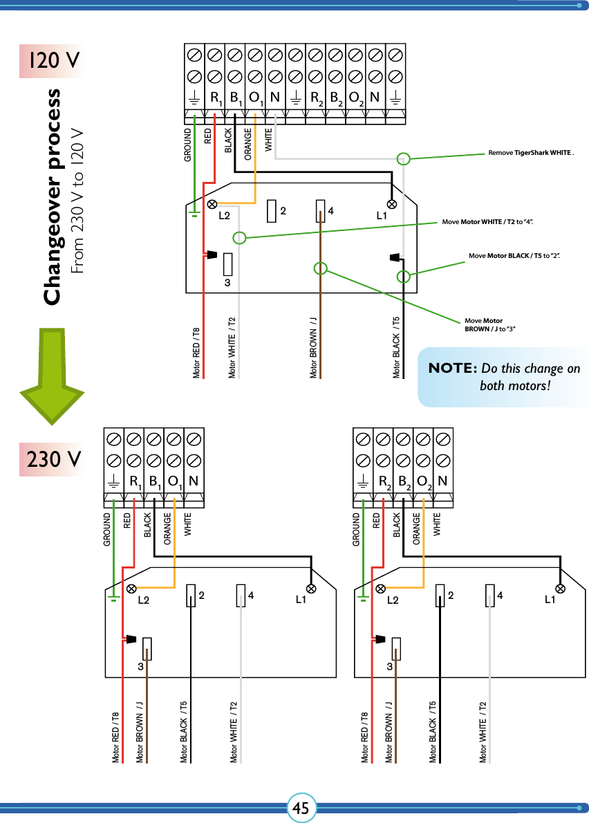 45Changeover process120 V230 VFrom 230 V to 120 VR2B2O2NR1B1O1NGROUNDMotor RED / T8Motor WHITE  / T2Motor BROWN  / J BLACKREDORANGEWHITEL2 L13422Motor BLACK  / T5NR1B1O1L134GROUNDMotor RED / T8Motor WHITE  / T2Motor BROWN  / J BLACKREDORANGEWHITEL2Motor BLACK  / T5Remove TigerShark WHITE .Move Motor BLACK / T5 to “2”.Move Motor BROWN / J to “3”Move Motor WHITE / T2 to “4”.2NR2B2O2L134GROUNDMotor RED / T8Motor WHITE  / T2Motor BROWN  / J BLACKREDORANGEWHITEL2Motor BLACK  / T5NOTE: Do this change on    both motors!