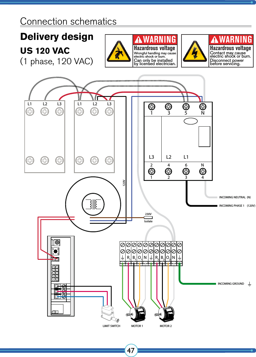 472 4 6L3 L2 L1L1 L2 L3 L1 L2 L31 3 5 NN1 2 3 4230VIsolateMOTOR 1LIMIT SWITCHNR1B1O1R2B2O2NMOTOR 2INCOMING GROUNDINCOMING PHASE 1    (120V)INCOMING NEUTRAL  (N)120VUS 120 VAC(1 phase, 120 VAC)Delivery design WARNINGHazardrous voltageContact may cause electric shock or burn.Disconnect powerbefore servicing.WARNINGHazardrous voltageWrongful handling may cause electric shock or burn.Can only be installedby licensed electrician.Connection schematics