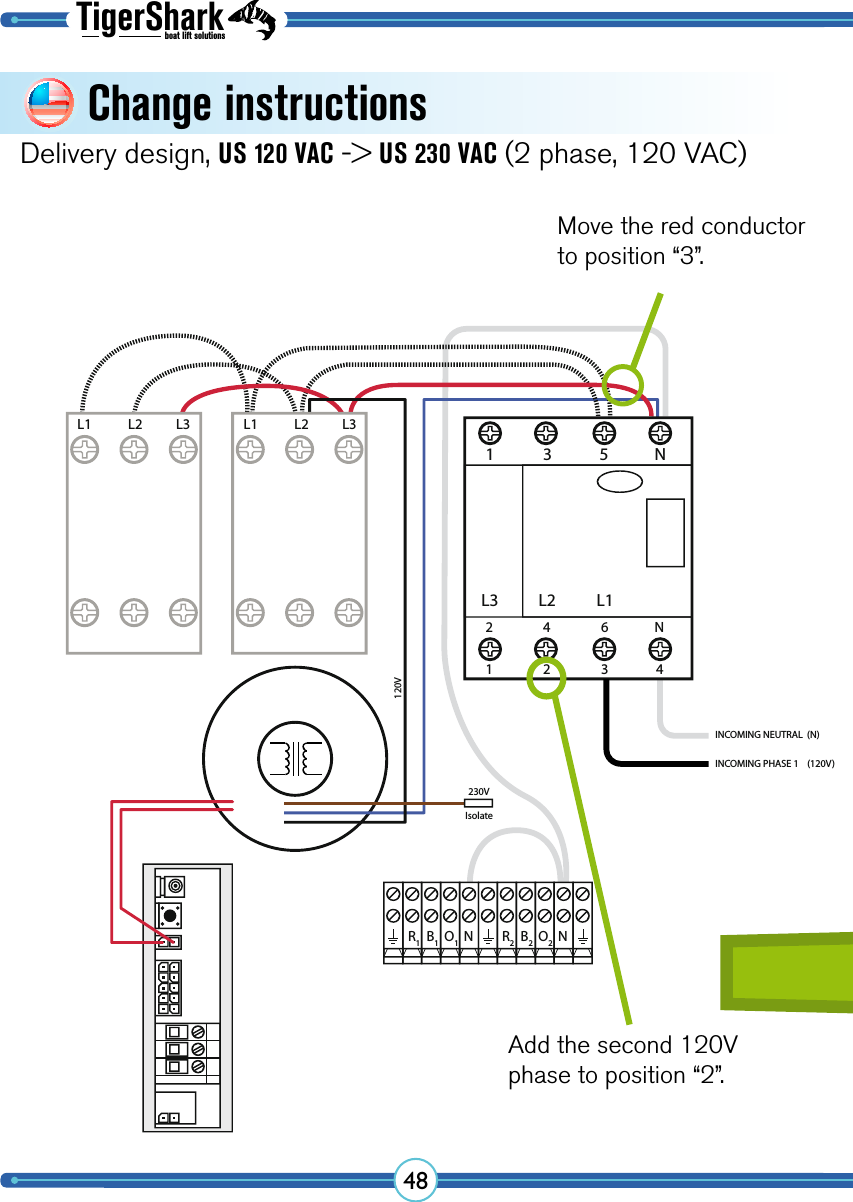 TigerSharkboat lift solutions48Add the second 120V phase to position “2”.Delivery design, US 120 VAC -&gt; US 230 VAC (2 phase, 120 VAC)Change instructions 2 4 6L3 L2 L1L1 L2 L3 L1 L2 L31 3 5 NN1 2 3 4230VIsolateNR1B1O1R2B2O2NINCOMING PHASE 1    (120V)INCOMING NEUTRAL  (N)120VMove the red conductorto position “3”.