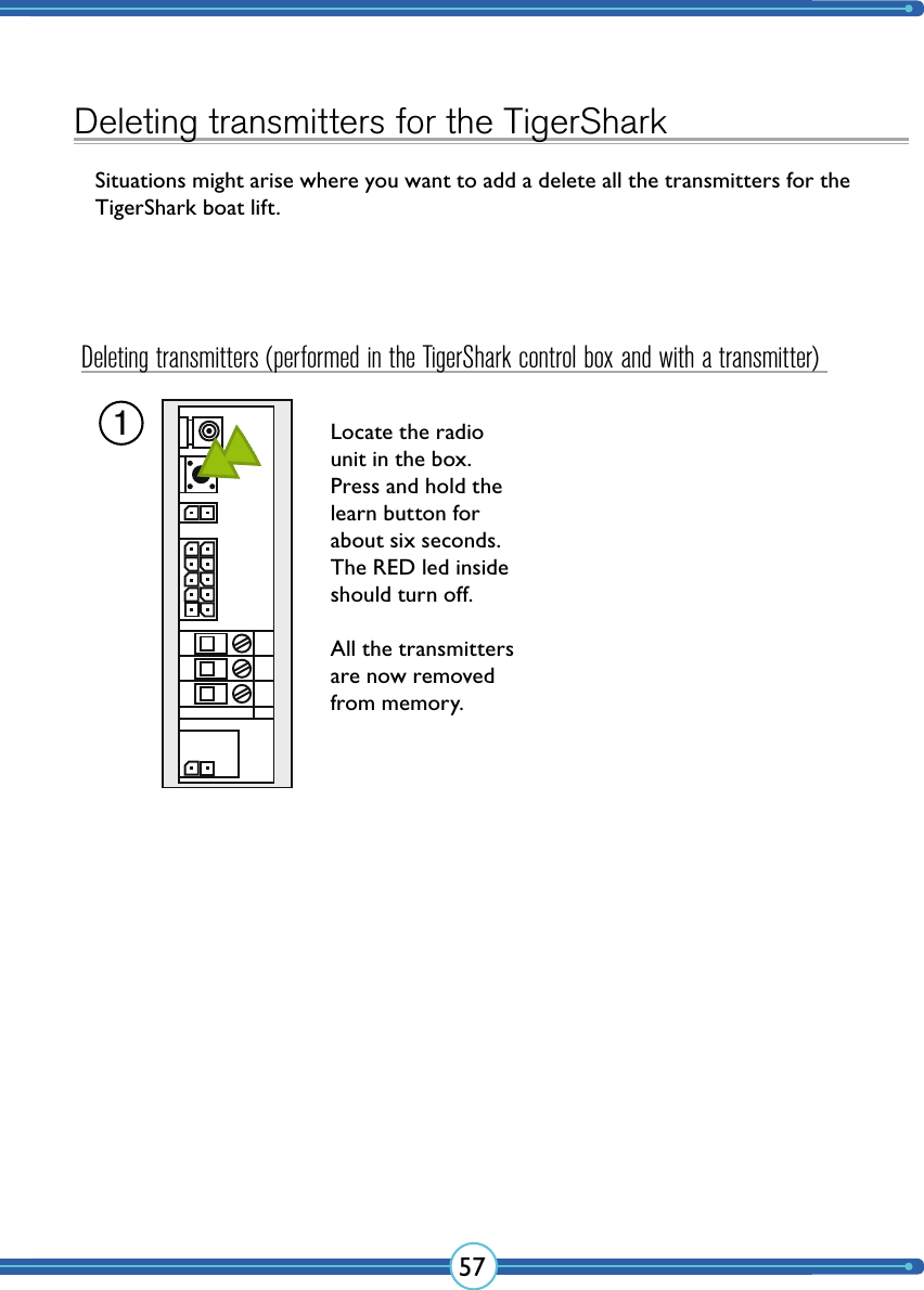 57Deleting transmitters for the TigerSharkSituations might arise where you want to add a delete all the transmitters for the TigerShark boat lift.Locate the radio unit in the box.Press and hold the learn button for about six seconds. The RED led inside should turn off.All the transmitters are now removed from memory.1Deleting transmitters (performed in the TigerShark control box and with a transmitter)