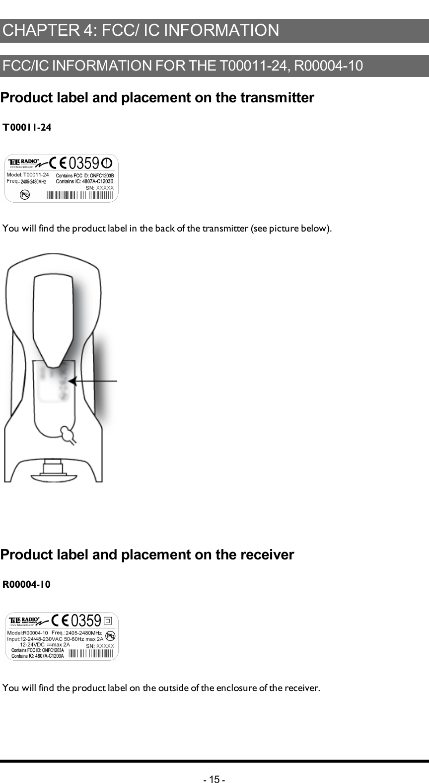 Chapter 4: FCC/ IC INFORMATIONCHAPTER 4: FCC/ IC INFORMATIONFCC/IC INFORMATION FOR THE T00011-24, R00004-10Product label and placement on the transmitterT00011-24You will find the product label in the back of the transmitter (see picture below).Product label and placement on the receiverR00004-10You will find the product label on the outside of the enclosure of the receiver.-15 -