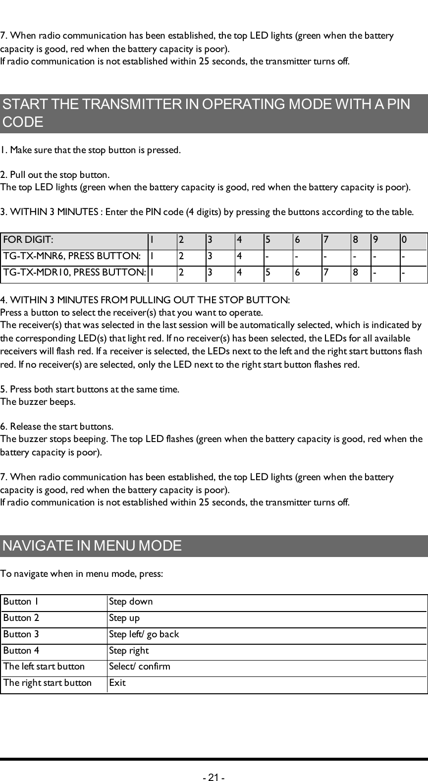 Chapter 5: INSTALLERS GUIDE7. When radio communication has been established, the top LED lights (green when the battery capacity is good, red when the battery capacity is poor). If  radio communication is not established within 25 seconds, the transmitter turns off. START THE TRANSMITTER IN OPERATING MODE WITH A PIN CODE1. Make sure that the stop button is pressed.2. Pull out the stop button.The top LED lights (green when the battery capacity is good, red when the battery capacity is poor).3. WITHIN 3 MINUTES : Enter the PIN code (4 digits) by pressing the buttons according to the table. FORDIGIT: 1 2 3 4 5 6 7 8 9 0TG-TX-MNR6, PRESSBUTTON: 1 2 3 4 - - - - - -TG-TX-MDR10, PRESSBUTTON: 1 2 3 4 5 6 7 8 - -4. WITHIN 3 MINUTES  FROM PULLING OUTTHESTOPBUTTON: Press a button to select the receiver(s) that you want to operate.The receiver(s) that was selected in the last session will be automatically selected, which is indicated by the corresponding LED(s) that light red. If no receiver(s) has been selected, the LEDs for all available receivers will flash red. If a receiver is selected, the LEDs next to the left and the right start buttons flash red. If no receiver(s) are selected, only the LED next to the right start button flashes red. 5. Press both start buttons at the same time.The buzzer beeps.6. Release the start buttons.The buzzer stops beeping. The top LED flashes (green when the battery capacity is good, red when the battery capacity is poor).7. When radio communication has been established, the top LED lights (green when the battery capacity is good, red when the battery capacity is poor). If  radio communication is not established within 25 seconds, the transmitter turns off. NAVIGATE IN MENU MODETo navigate when in menu mode, press:Button 1 Step downButton 2 Step upButton 3 Step left/ go backButton 4 Step rightThe left start button  Select/ confirmThe right start button Exit-21 -