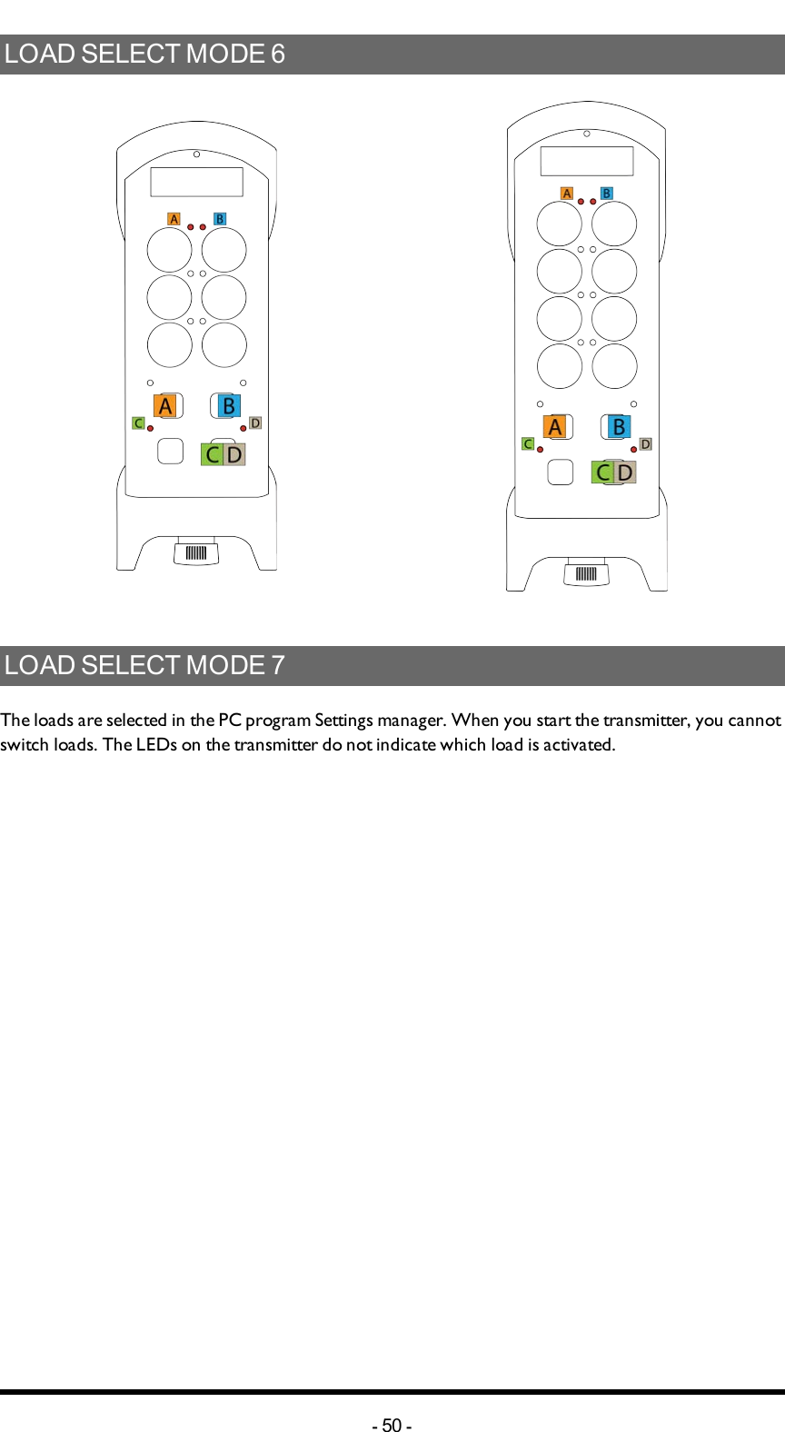 LOADSELECTMODE6LOADSELECTMODE7The loads are selected in the PC program Settings manager. When you start the transmitter, you cannot switch loads. The LEDs on the transmitter do not indicate which load is activated.-50 -