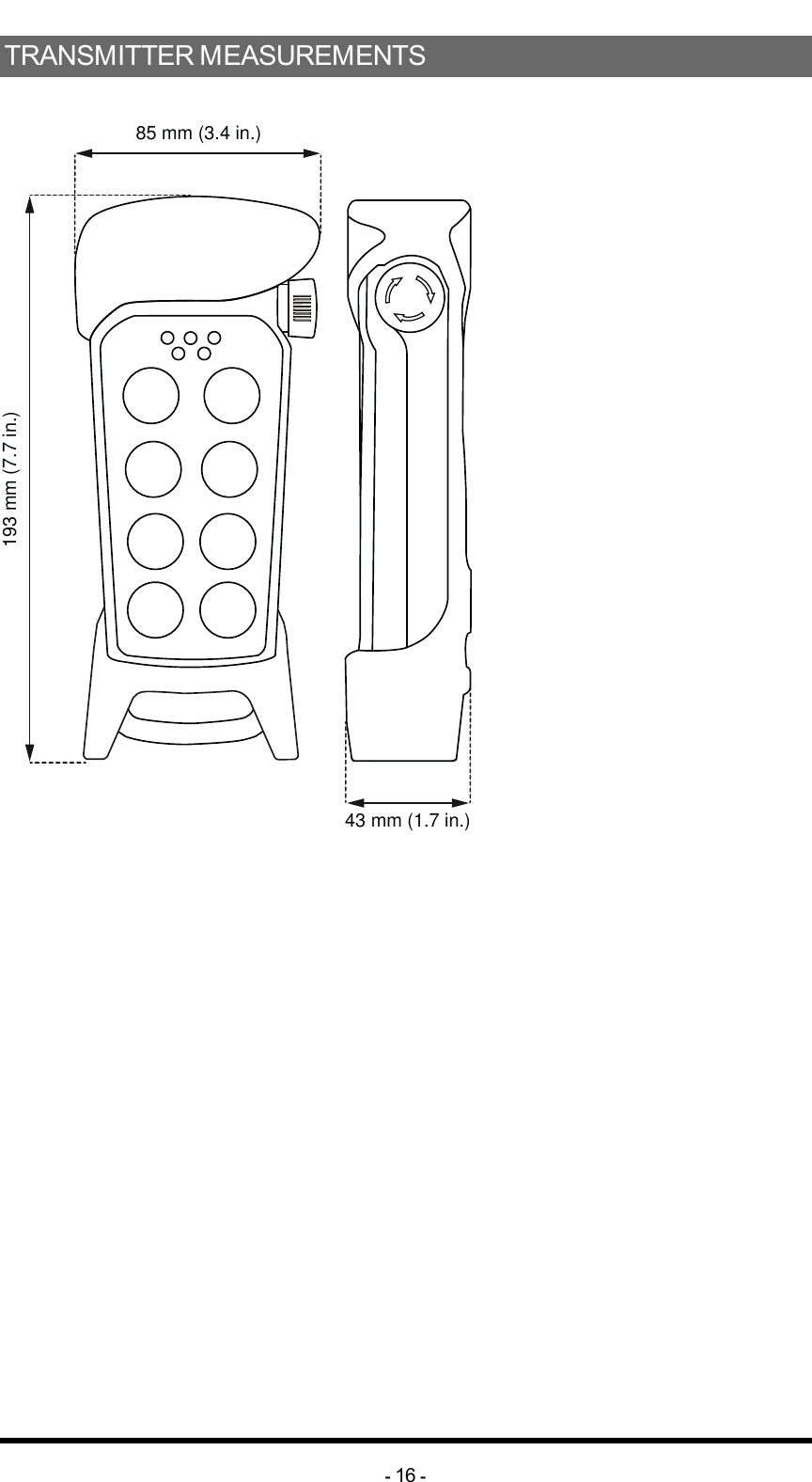 TRANSMITTER MEASUREMENTS43 mm (1.7 in.)193 mm (7.7 in.)85 mm (3.4 in.)-16 -