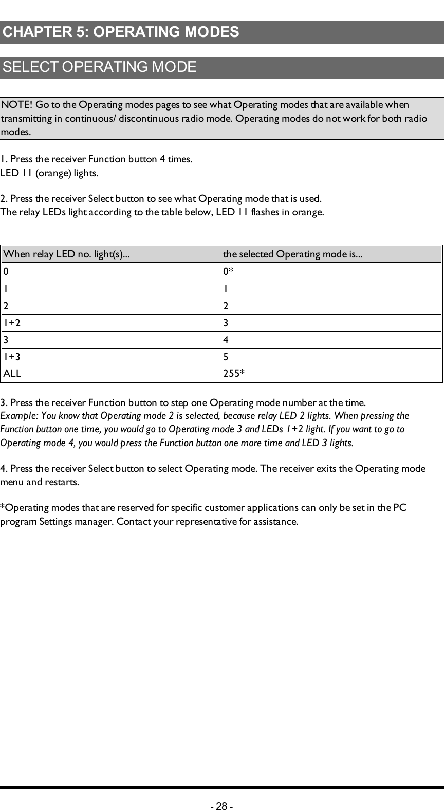 Chapter 5: OPERATING MODESCHAPTER 5: OPERATING MODESSELECT OPERATING MODE NOTE! Go to the Operating modes pages to see what Operating modes that are available when transmitting in continuous/ discontinuous radio mode. Operating modes do not work for both radio modes.1. Press the receiver Function button 4 times.LED 11 (orange) lights.2. Press the receiver Select button to see what Operating mode that is used.The relay LEDs  light according to the table below, LED 11 flashes in orange.When relay LED no. light(s)... the selected Operating mode is...0 0*1 12 21+2 33 41+3 5ALL 255*3. Press the receiver Function button to step one Operating mode number at the time.Example: You know that Operating mode 2 is selected, because relay LED 2 lights. When pressing the Function button one time, you would go to Operating mode 3 and LEDs 1+2 light. If you want to go to Operating mode 4, you would press the Function button one more time and LED 3 lights.4. Press the receiver Select button to select Operating mode. The receiver exits the Operating mode menu and restarts.*Operating modes that are reserved for specific customer applications can only be set in the PC program Settings manager. Contact your representative for assistance.-28 -