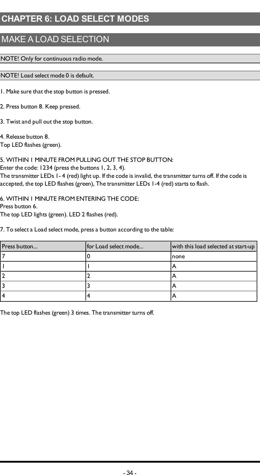 Chapter 6: LOAD SELECT MODESCHAPTER 6: LOAD SELECT MODESMAKE A LOAD SELECTIONNOTE! Only for continuous radio mode.NOTE! Load select mode 0 is default.1. Make sure that the stop button is pressed.2. Press button 8. Keep pressed.3. Twist and pull out the stop button.4. Release button 8. Top LED flashes (green).5. WITHIN 1 MINUTE FROM PULLING OUT THE STOP BUTTON:Enter the code: 1234 (press the buttons 1, 2, 3, 4).The transmitter LEDs 1- 4 (red) light up. If the  code is invalid, the transmitter turns off. If the code is accepted, the top LED flashes (green), The transmitter LEDs 1-4 (red) starts to flash.6. WITHIN 1 MINUTE FROM ENTERING THE CODE:Press button 6. The top LED lights (green). LED 2 flashes (red).7. To select a Load select mode, press a button according to the table:Press button... for Load select mode... with this load selected at start-up7 0 none11A22A33A44AThe top LED flashes (green) 3 times. The transmitter turns off.-34 -