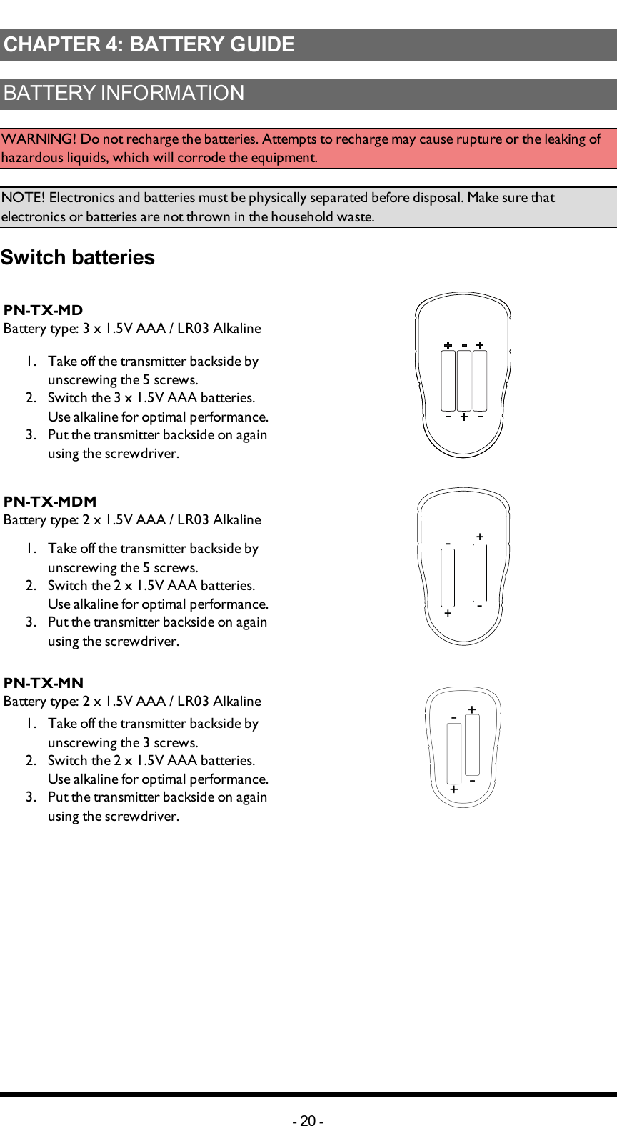 Chapter 4: BATTERY GUIDECHAPTER 4: BATTERY GUIDEBATTERY INFORMATIONWARNING! Do not recharge the batteries. Attempts to recharge may cause rupture or the leaking of hazardous liquids, which will corrode the equipment.NOTE! Electronics and batteries must be physically separated before disposal. Make sure that electronics or batteries are not thrown in the household waste.Switch batteriesPN-TX-MDBattery type: 3 x 1.5V AAA / LR03 Alkaline1.  Take off the transmitter backside by unscrewing the 5 screws.2.  Switch the 3 x 1.5V AAA batteries. Use alkaline for optimal performance.3.  Put the transmitter backside on againusing the screwdriver.PN-TX-MDMBattery type: 2 x 1.5V AAA / LR03 Alkaline++--1.  Take off the transmitter backside by unscrewing the 5 screws.2.  Switch the 2 x 1.5V AAA batteries. Use alkaline for optimal performance.3.  Put the transmitter backside on againusing the screwdriver.PN-TX-MNBattery type: 2 x 1.5V AAA / LR03 Alkaline1.  Take off the transmitter backside by unscrewing the 3 screws.2.  Switch the 2 x 1.5V AAA batteries. Use alkaline for optimal performance.3.  Put the transmitter backside on againusing the screwdriver.-20 -