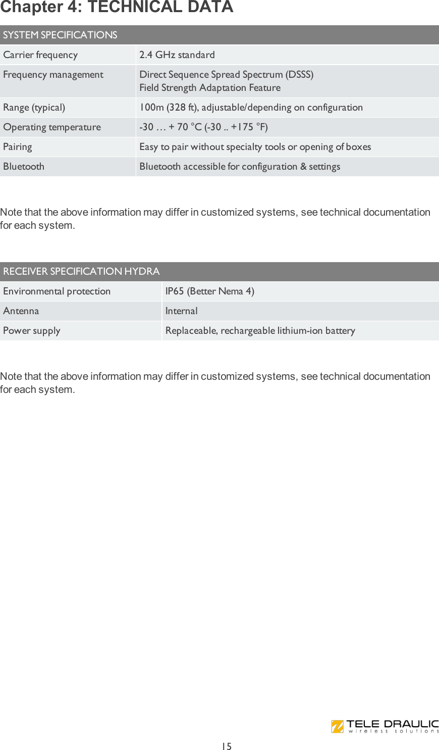 Chapter 4: TECHNICAL DATASYSTEMSPECIFICATIONSCarrier frequency 2.4 GHz standardFrequency management Direct Sequence Spread Spectrum (DSSS)Field Strength Adaptation FeatureRange (typical) 100m (328 ft), adjustable/depending on configurationOperating temperature -30 … + 70 °C (-30 .. +175 °F)Pairing Easy to pair without specialty tools or opening of boxesBluetooth Bluetooth accessible for configuration &amp; settings Note that the above information may differ in customized systems, see technical documentation for each system. RECEIVERSPECIFICATIONHYDRAEnvironmental protection IP65 (Better Nema 4)Antenna InternalPower supply Replaceable, rechargeable lithium-ion battery Note that the above information may differ in customized systems, see technical documentation for each system. 15