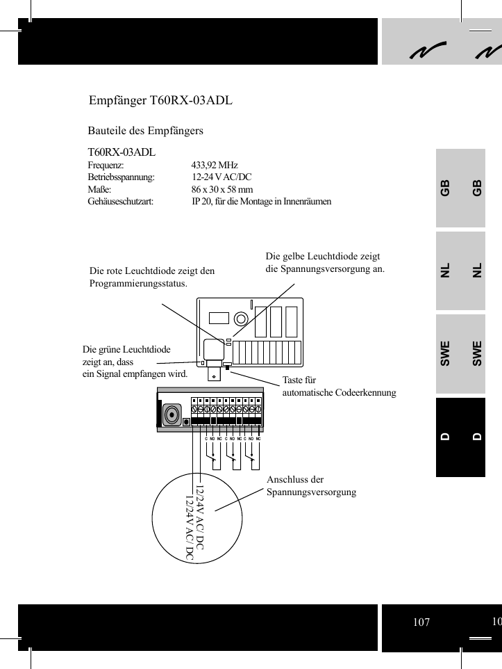 GBNLSWEDGBNLSWED12/24V AC/ DC12/24V AC/ DC C   NO   NC  C   NO   NC  C   NO   NCEmpfänger T60RX-03ADLBauteile des EmpfängersT60RX-03ADLFrequenz:     433,92 MHzBetriebsspannung: 12-24 V AC/DCMaße:    86 x 30 x 58 mmGehäuseschutzart:  IP 20, für die Montage in InnenräumenDie grüne Leuchtdiodezeigt an, dassein Signal empfangen wird. Taste fürautomatische CodeerkennungDie rote Leuchtdiode zeigt denProgrammierungsstatus.Die gelbe Leuchtdiode zeigt die Spannungsversorgung an.  Anschluss der Spannungsversorgung107 10